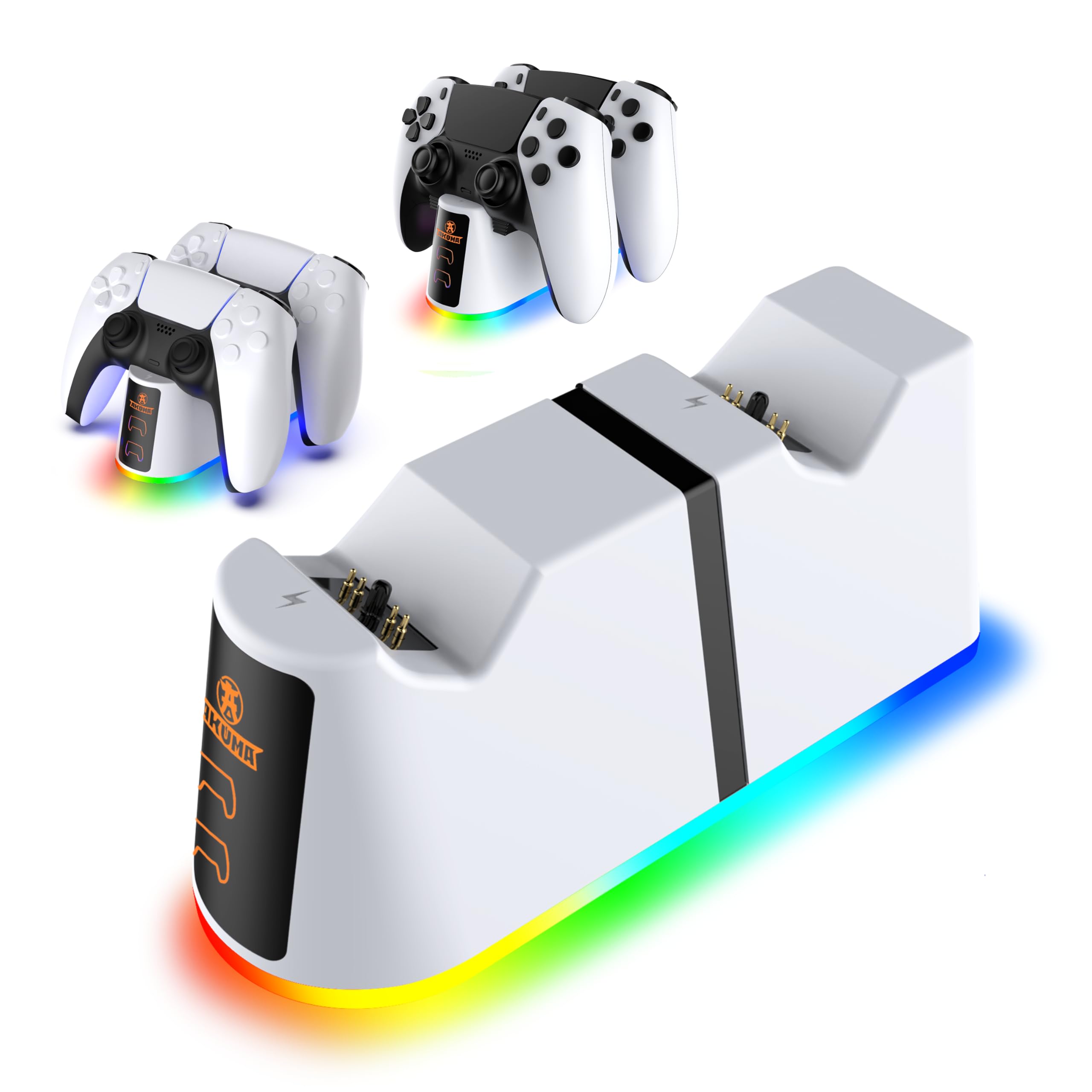 AKUMA Cyber V01 PS5 Charging Station - PS5 DualSense & DualSense Edge Controller Charger - Fast Charge and 10 RGB Light Modes - White