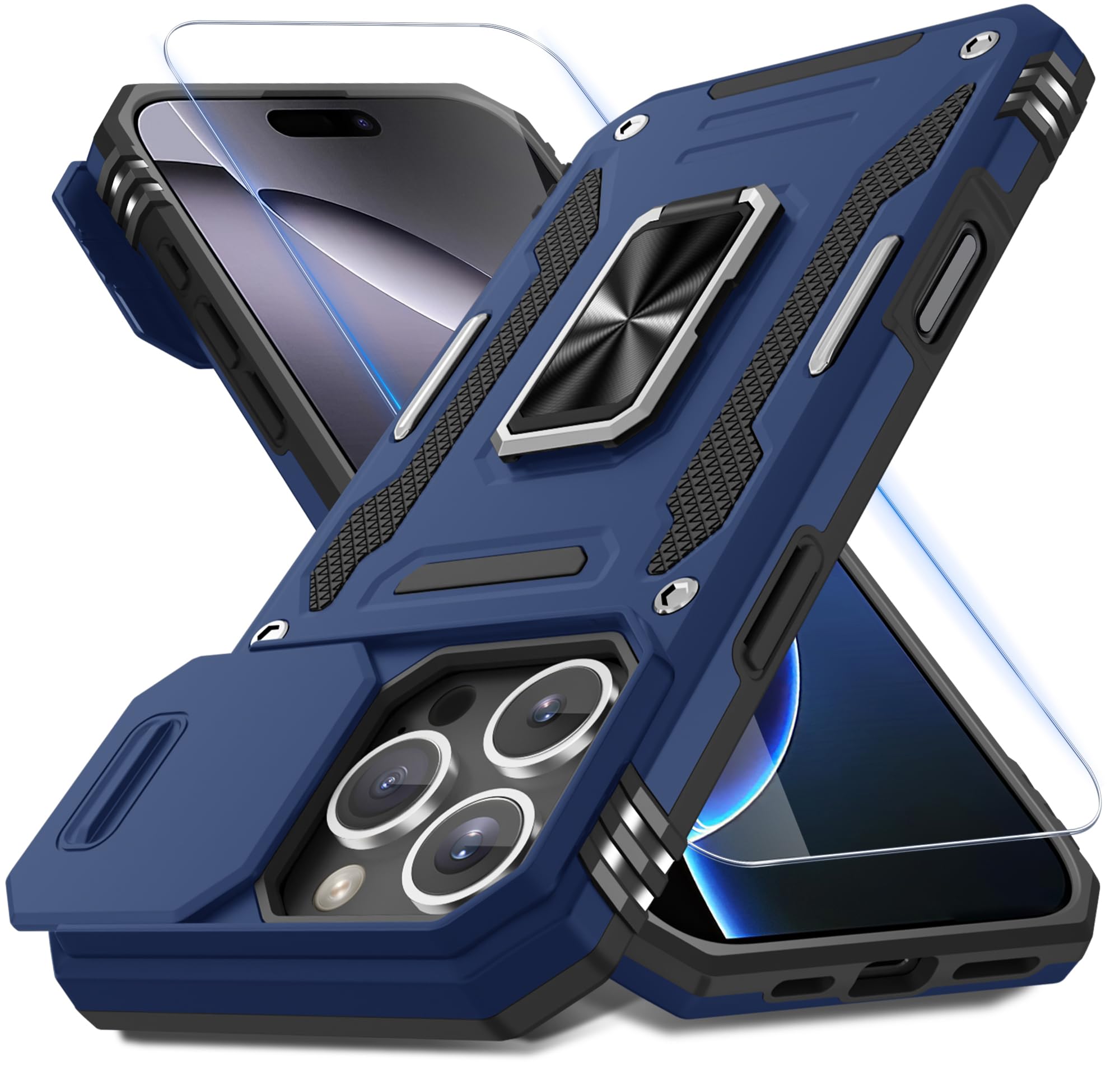 DEERLAMN Case for iPhone 16 Pro Max with Slide Camera Cover+Screen Protector (1 Pack), Rotated Ring Kickstand Military Grade Shockproof Protective Cover-Navy Blue