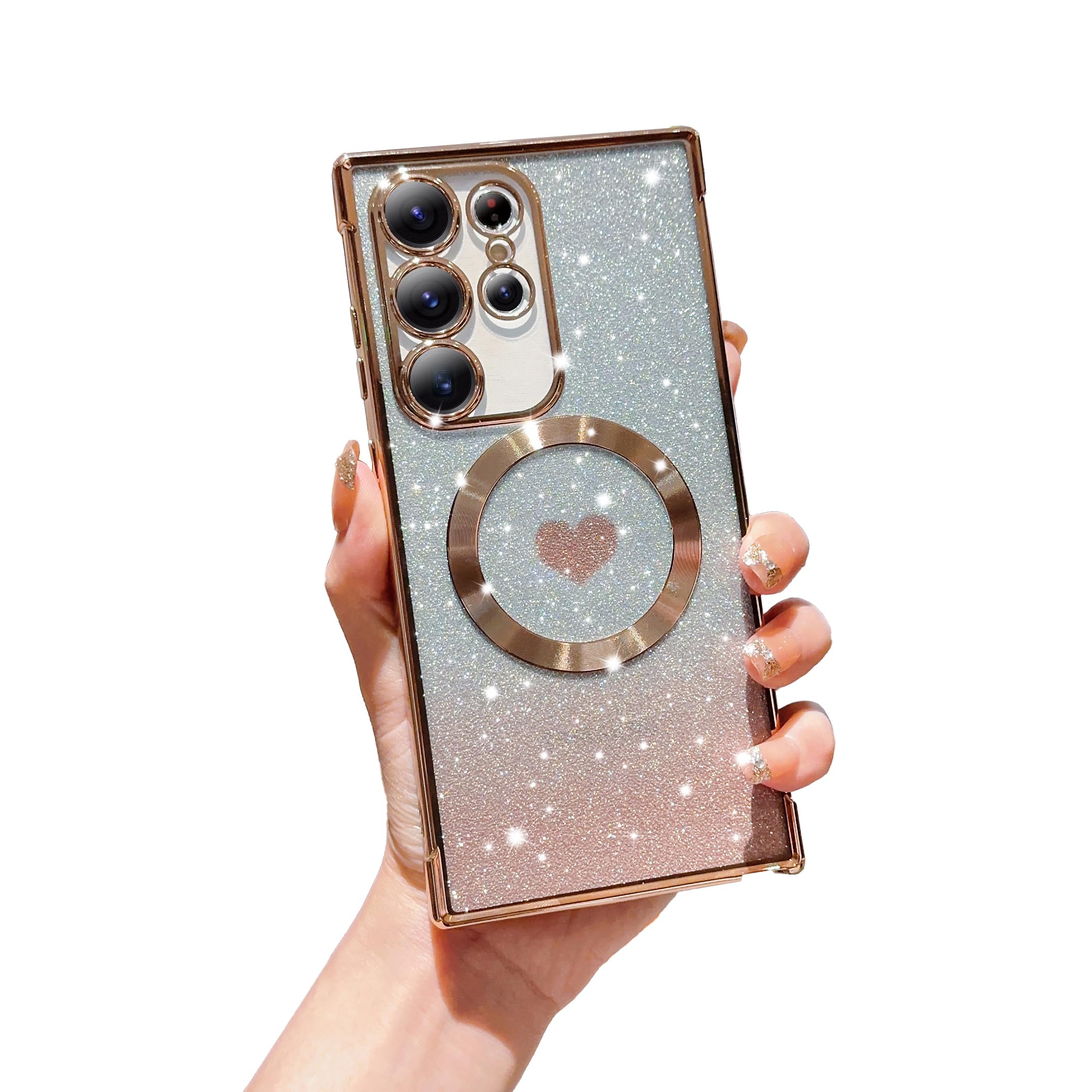 FABSPARK for Samsung Galaxy S25 Plus Phone Case,Compatible with Magsafe,Magnetic Plating Glitter Gradient Cute Heart Clear Case,Camera Protection for Samsung Galaxy S25 Plus,Golden