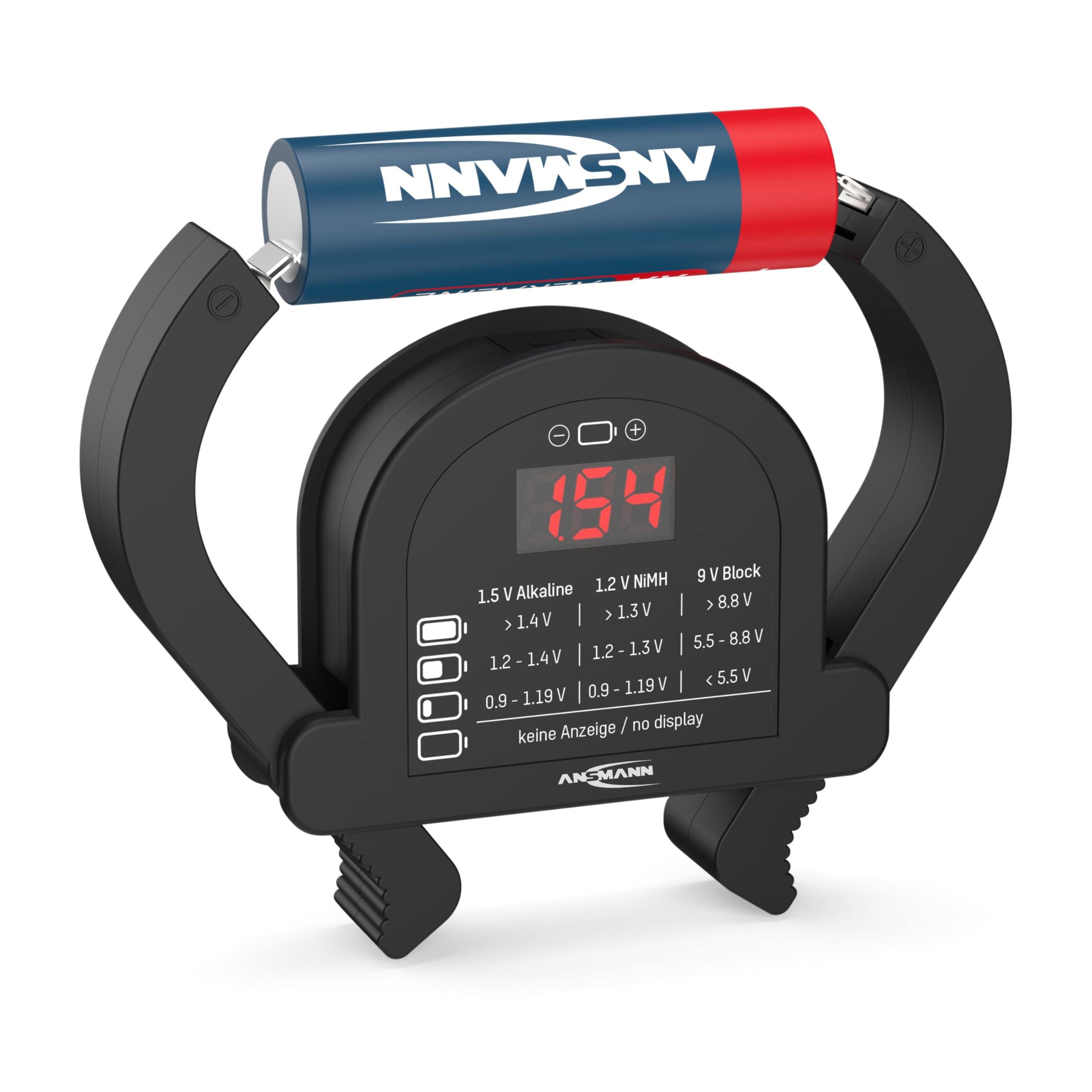 ANSMANN 4000001 Analogue Battery Tester [Pack Of 1] Pocket-Sized Battery Health Check for AA, AAA, C, D, 9V Blocks and Coin Cells - Clear Display of Good, Low or Replace Battery Health