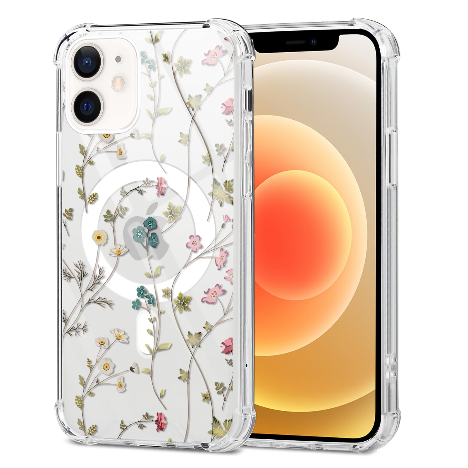 RUMDEY Clear Flower Floral Branch Magnetic Case for iPhone 12 / iPhone 12 Pro 6.1", Cute Aesthetic Pattern Print Design [Compatible with Magsafe] Slim Shockproof Protective TPU Cover for Women Girl