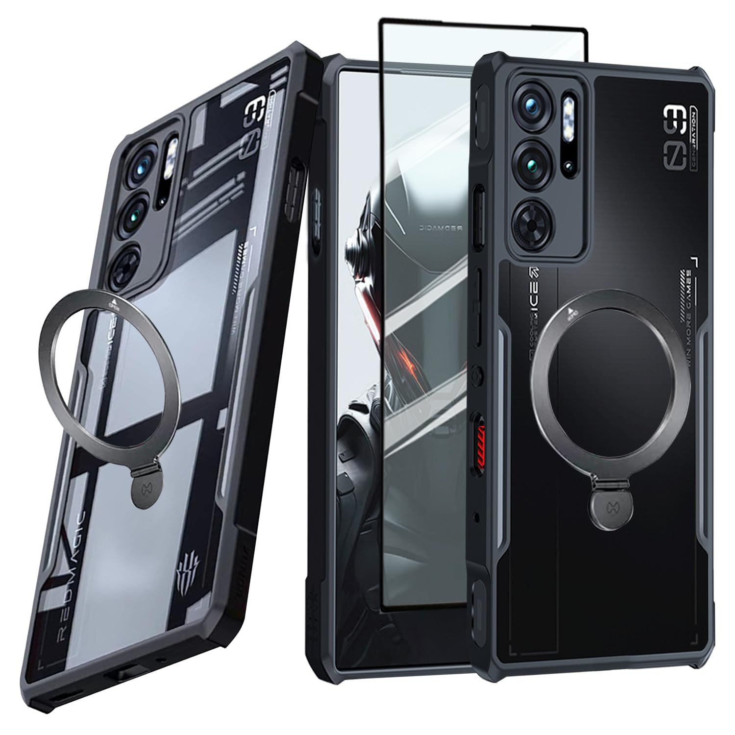 Guizzcg ZTE Nubia Red Magic 9 Pro / 9 Pro+ Case with Ring Holder, Soft TPU Bumper + Military Grade Acrylic Back, Drop Protection, Stand Black