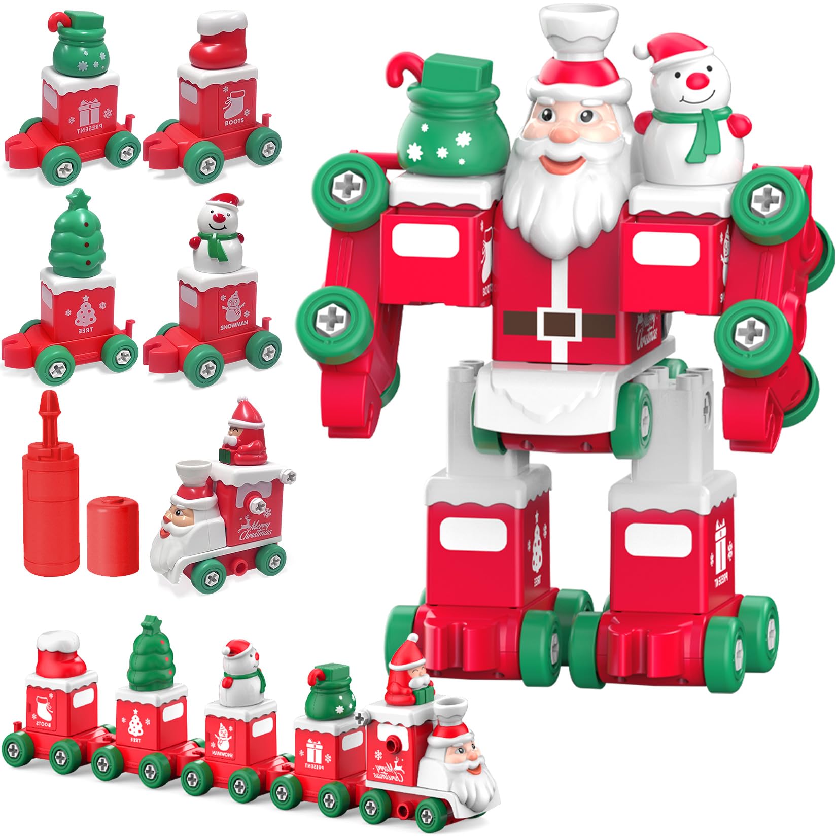 TOYABI Father Christmas Toys, 5 in 2 Christmas Tree Car, Snowman Car, Christmas Boot Car Car to Father Christmas Robot and TrainToy, Gift for 3, 4, 5, 6 Year Old Kids