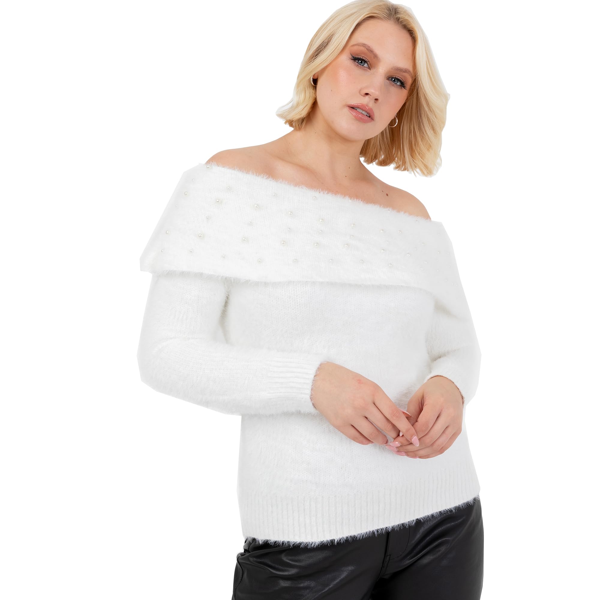 Lovedrobe Women's Jumper Ladies Sweater Off Shoulder Bardot Long Sleeve Pearl Embellished Fine Eyelash Knitwear, Ivory 24-26