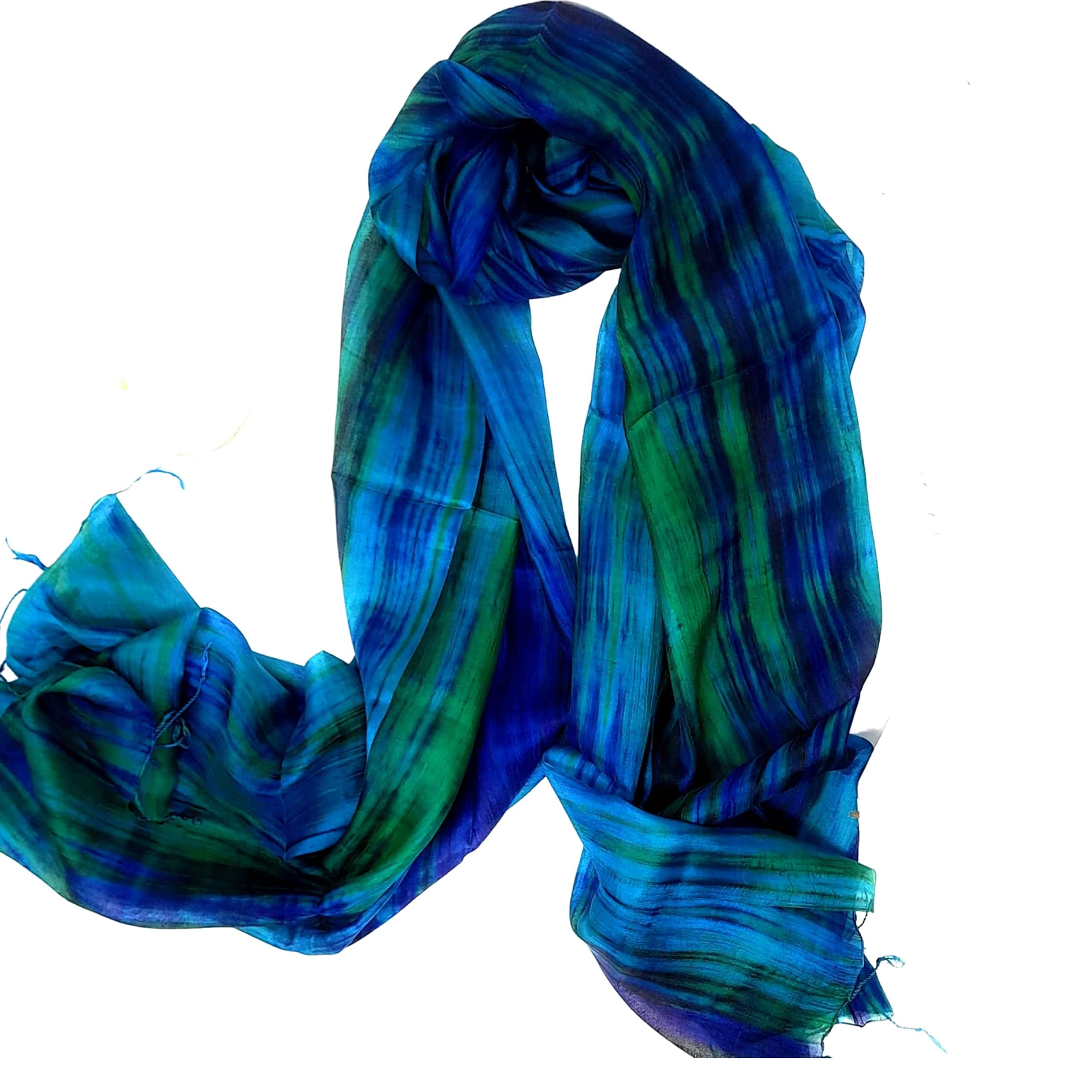 Millie & Boo 100% Pure Silk Scarf Woman's Scarves Shawl Wrap Hand Painted Silk Scarf, Blue, Green, One Size