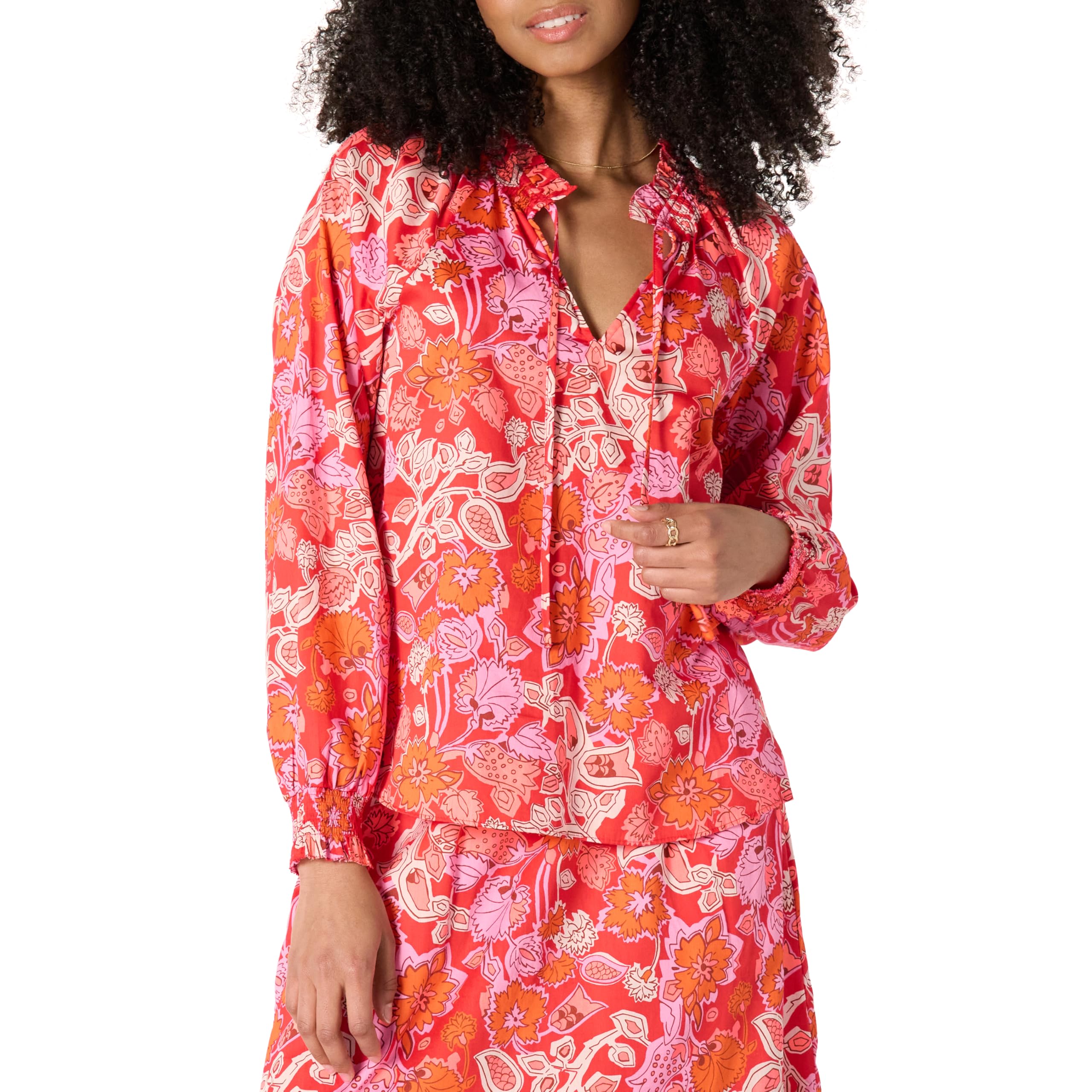 Amazon Essentials Women's Relaxed-Fit Ruffle-Neck Cotton Sateen Long-Sleeve Blouse (Skirt Sold Seperately), Bright Poppy Red Multi Folk Floral, X-Small