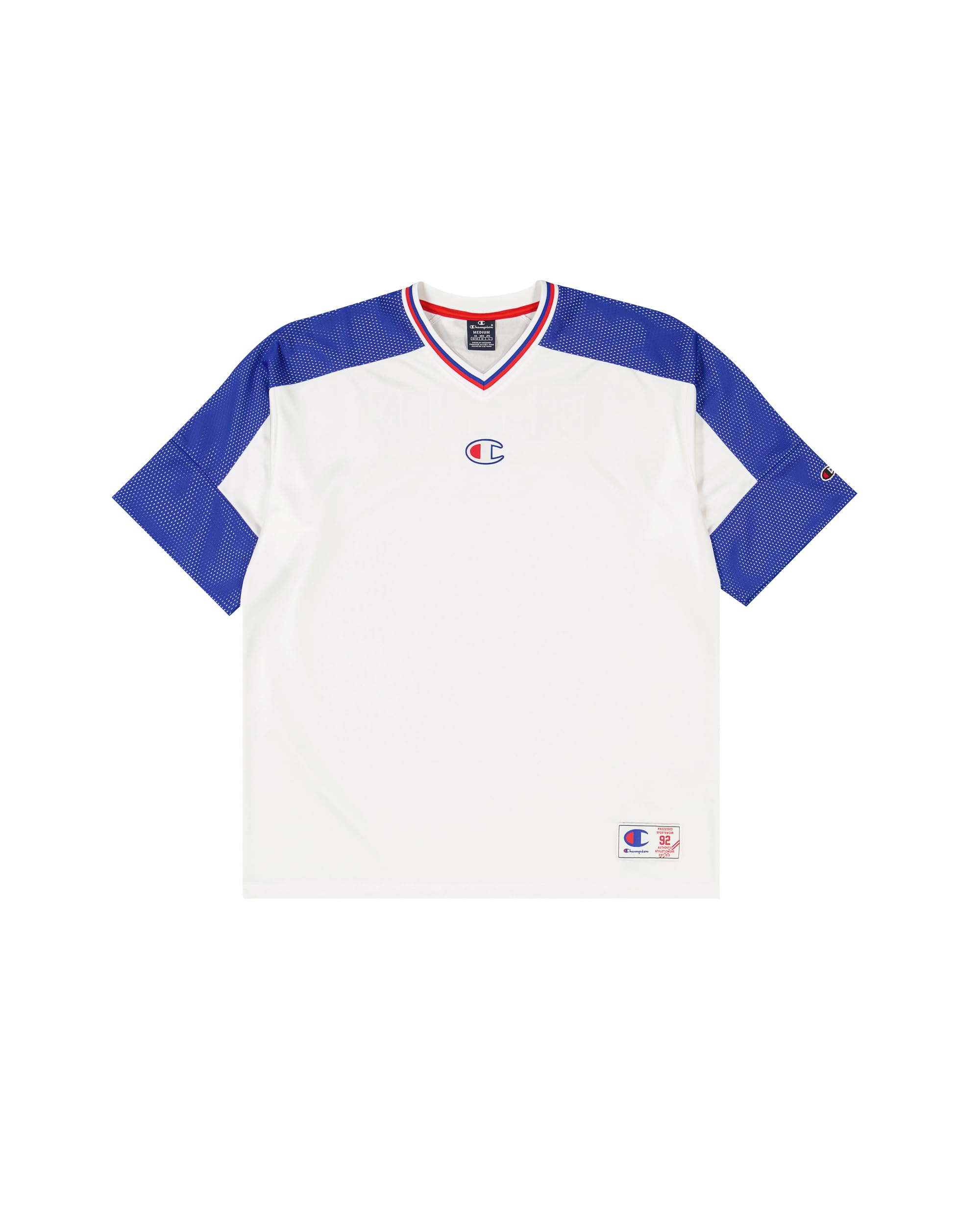 Champion Legacy Retro Sport (220329) – Shiny PolyWarpKnit Unbrushed Crewneck T-Shirt, White/Deep Blue (Wht/BAI/CRD), XS Retro Sport Men's FW24, White/Deep Blue (Wht/Bai/Crd), XS