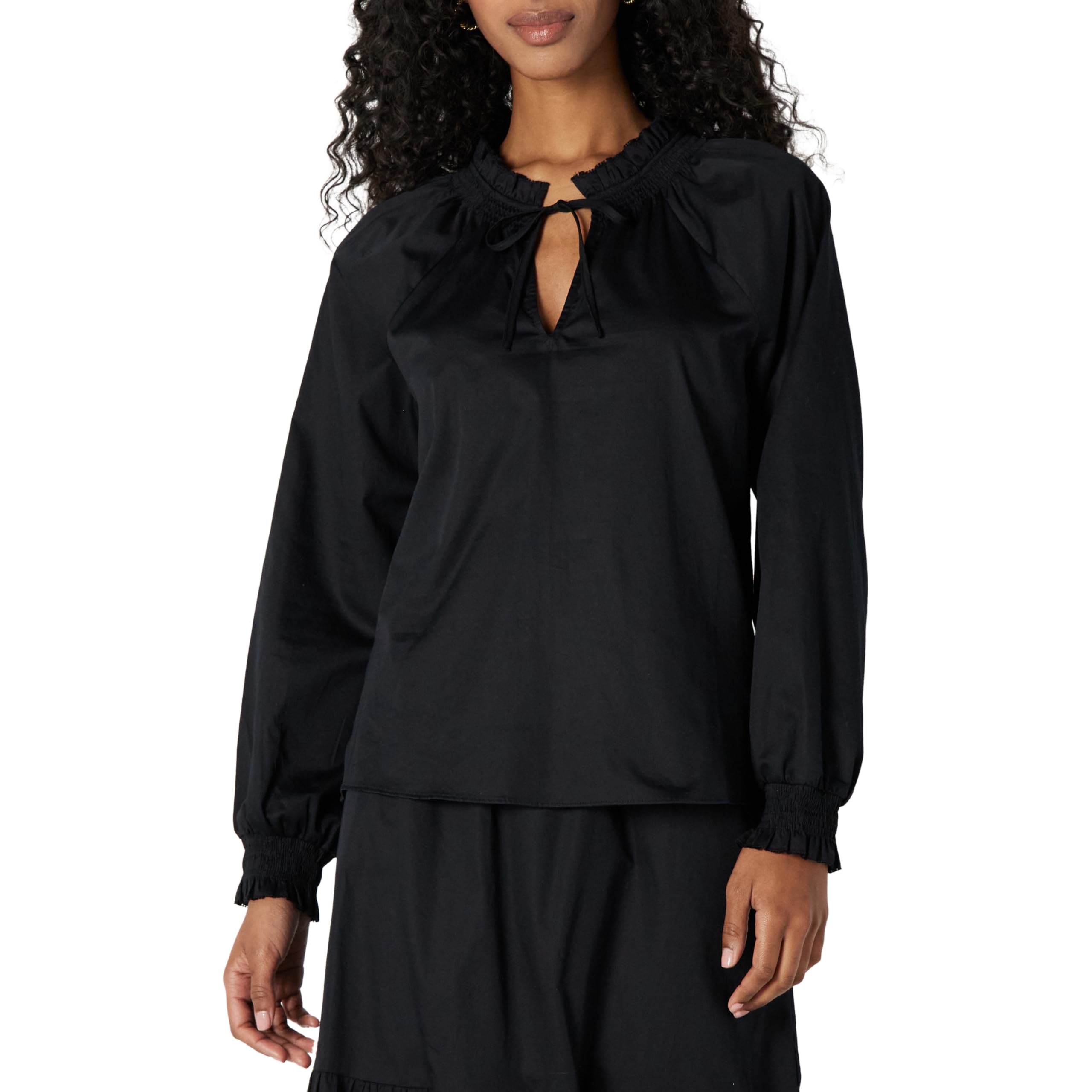 Amazon Essentials Women's Relaxed-Fit Ruffle-Neck Cotton Sateen Long-Sleeve Blouse (Skirt Sold Seperately), Black, XX-Small