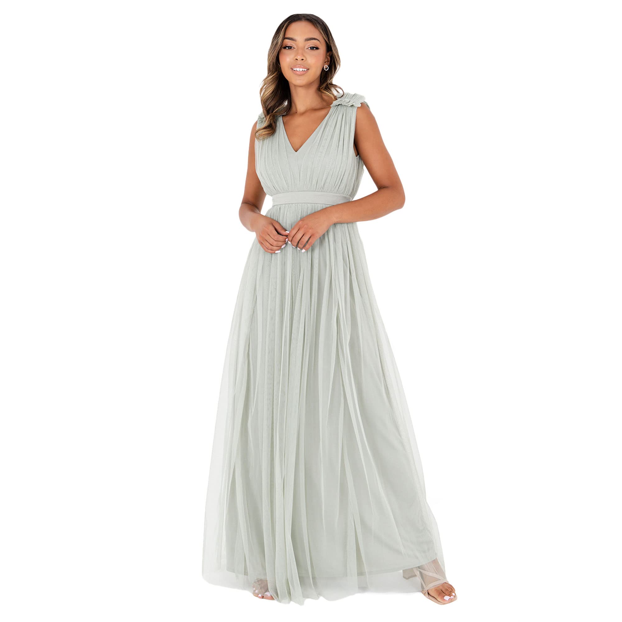 Maya Deluxe Women's Womens Ladies Maxi with Ruffle V Neck Sleeveless High Empire Waist Long for Prom Guest Wedding Bridesmaid Dress, Green Lily, 16 UK