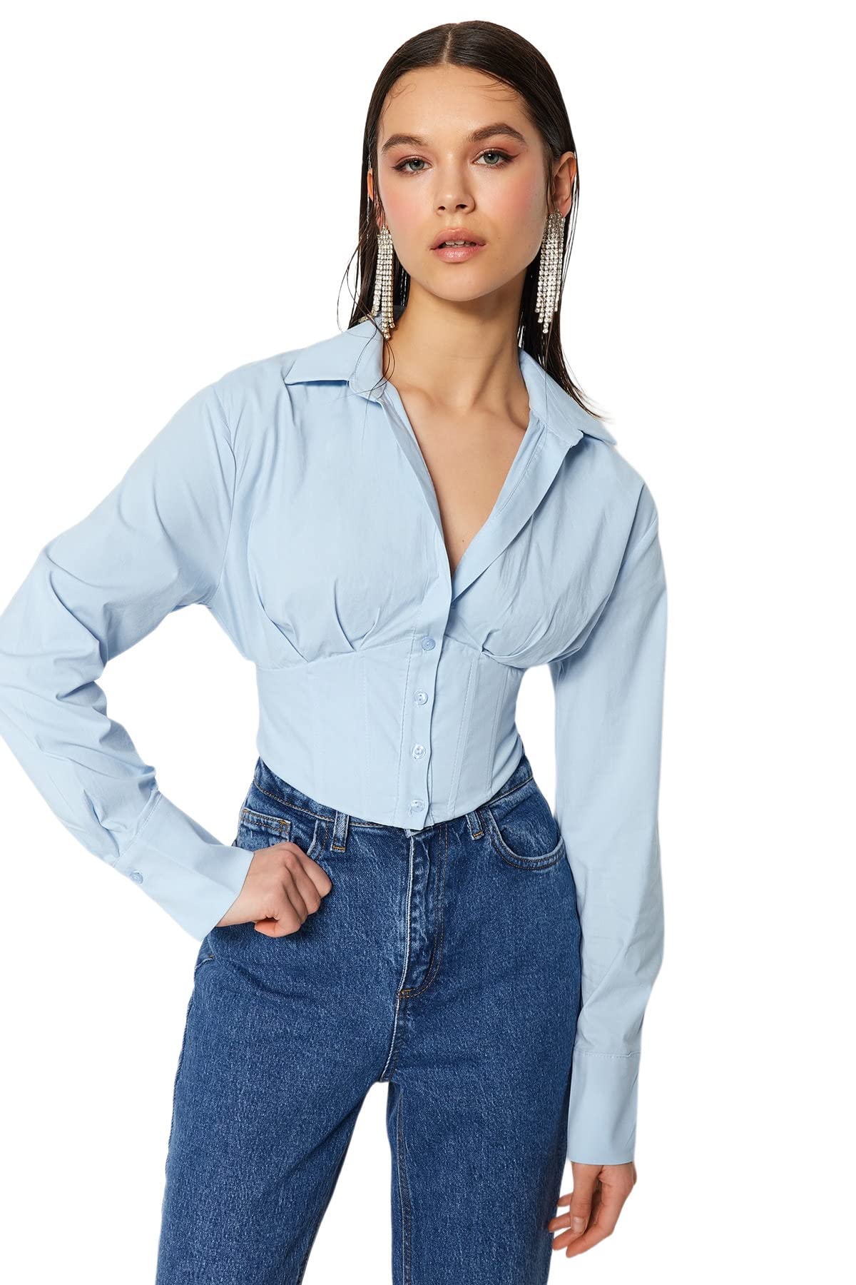 Trendyol FeMan Glam Fitted Basic Shirt Collar Woven Shirt,Blue,34