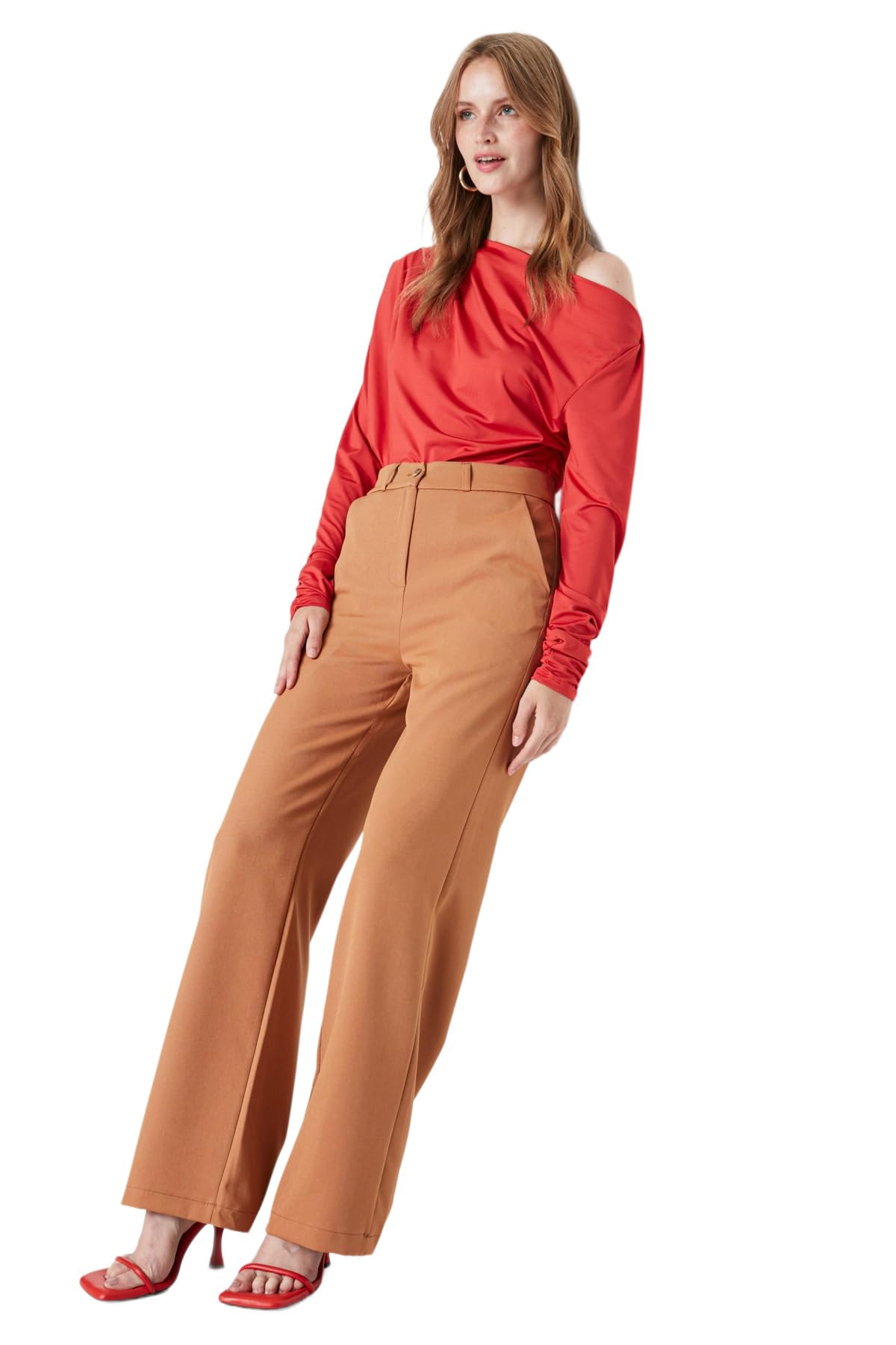 Trendyol Women High Waist Straight Leg Wide Leg Trousers Camel