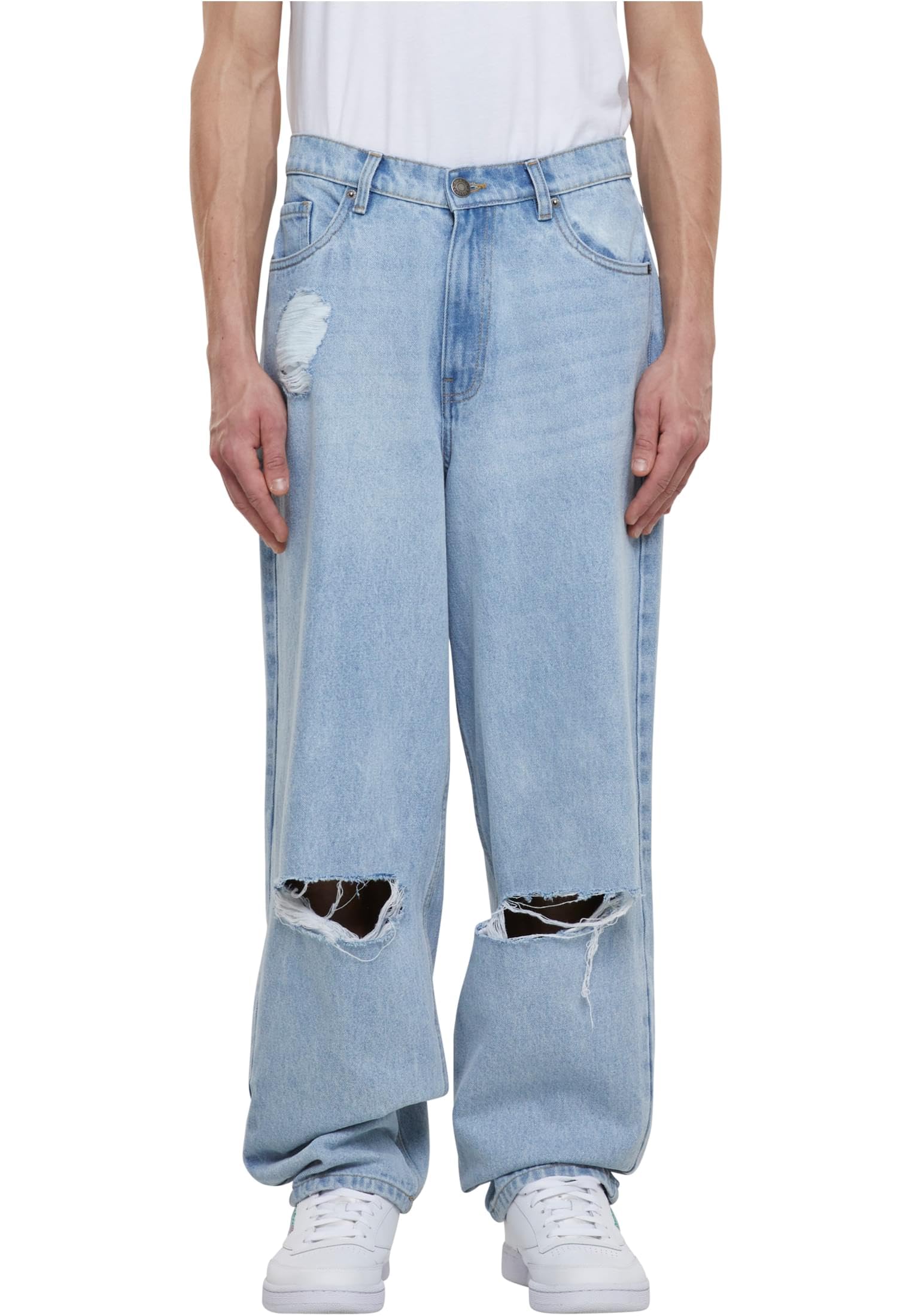 Urban Classics Men's Heavy Ounce Knee Cut Baggy Fit Jeans Pants, New Light Blue Washed,