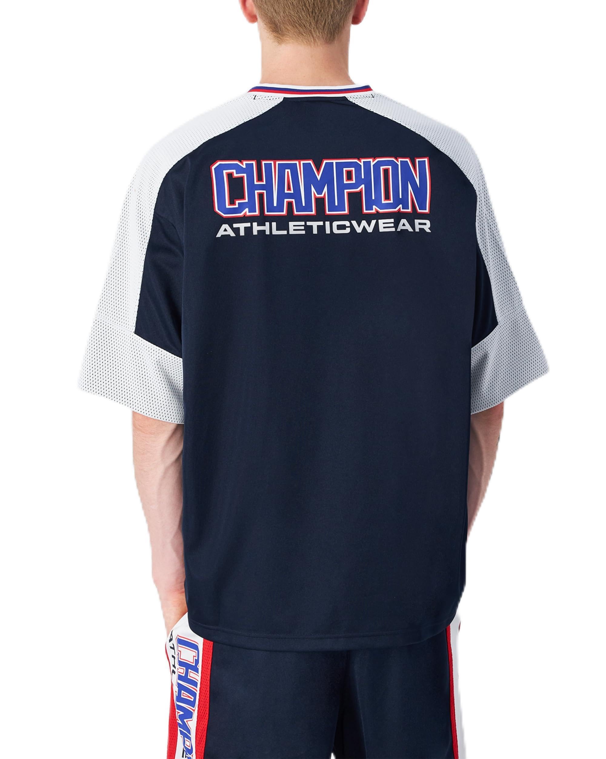 Champion Legacy Retro Sport (220329) – Shiny PolyWarpKnit Unbrushed Crewneck T-Shirt, Navy/White (NNY/Wht/CRD), XS Retro Sport Men's FW24, Navy/White (NNY/Wht/Crd), XS