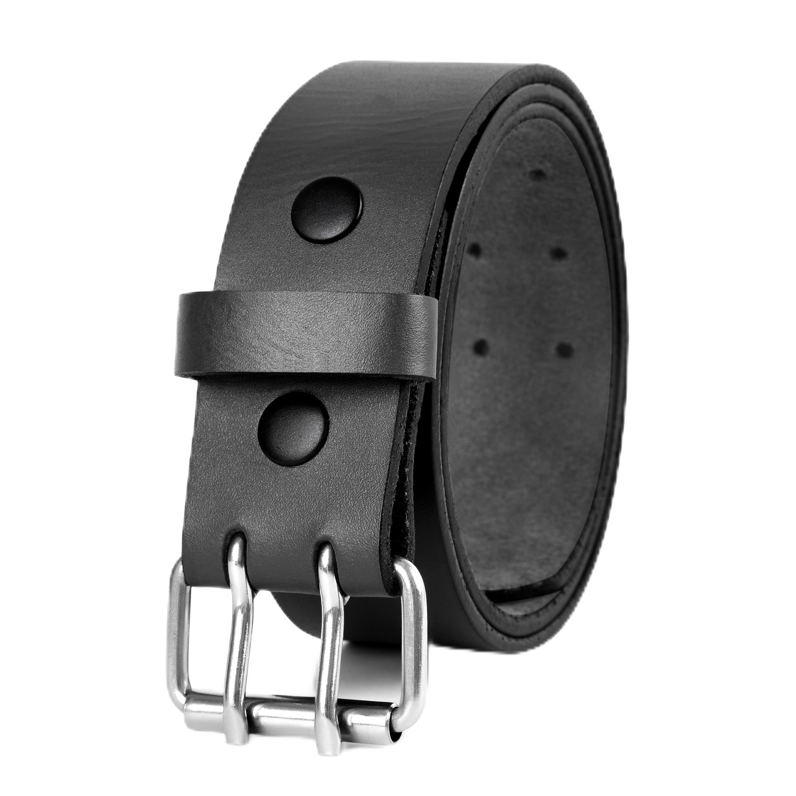 PBF Leather Belts for Men Heavy Duty 1.75 Inch Wide Double Prong Casual Leather Grommet Belt (Black, Medium)