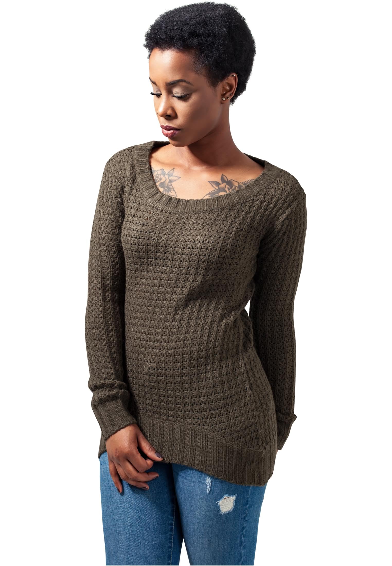 Urban Classics Women's Ladies Long Wideneck Sweater Sweatshirt, OLIVE,