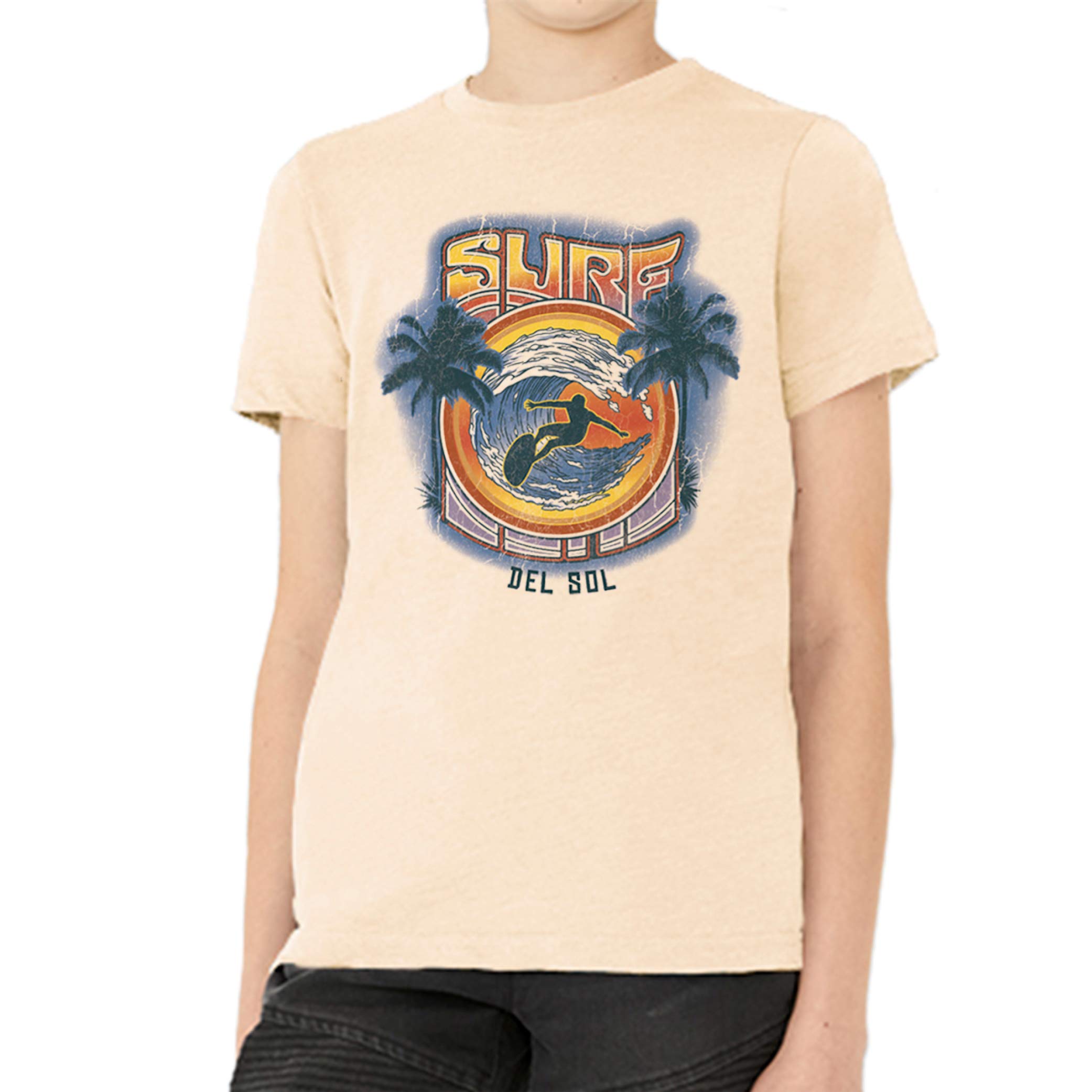 Del Sol Youth Boys Crew Tee - Surf, Natural T-Shirt - Changes from Brown & Blue to Vibrant Colors in The Sun - 100% Combed, Ring-Spun Cotton, Relaxed Fit, Fine Jersey - Size YL