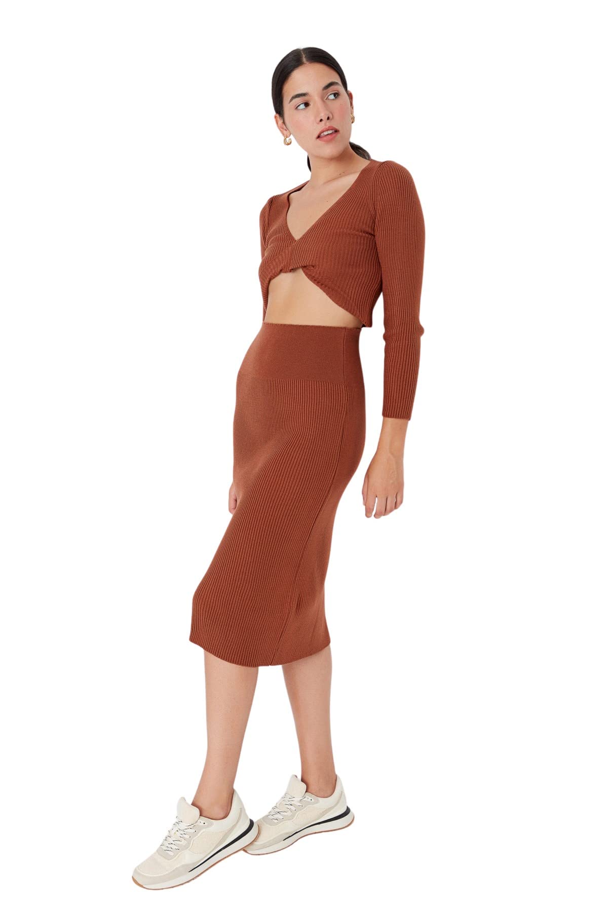 Trendyol Women Midi Bodycon Slim Knitwear Dress Brown