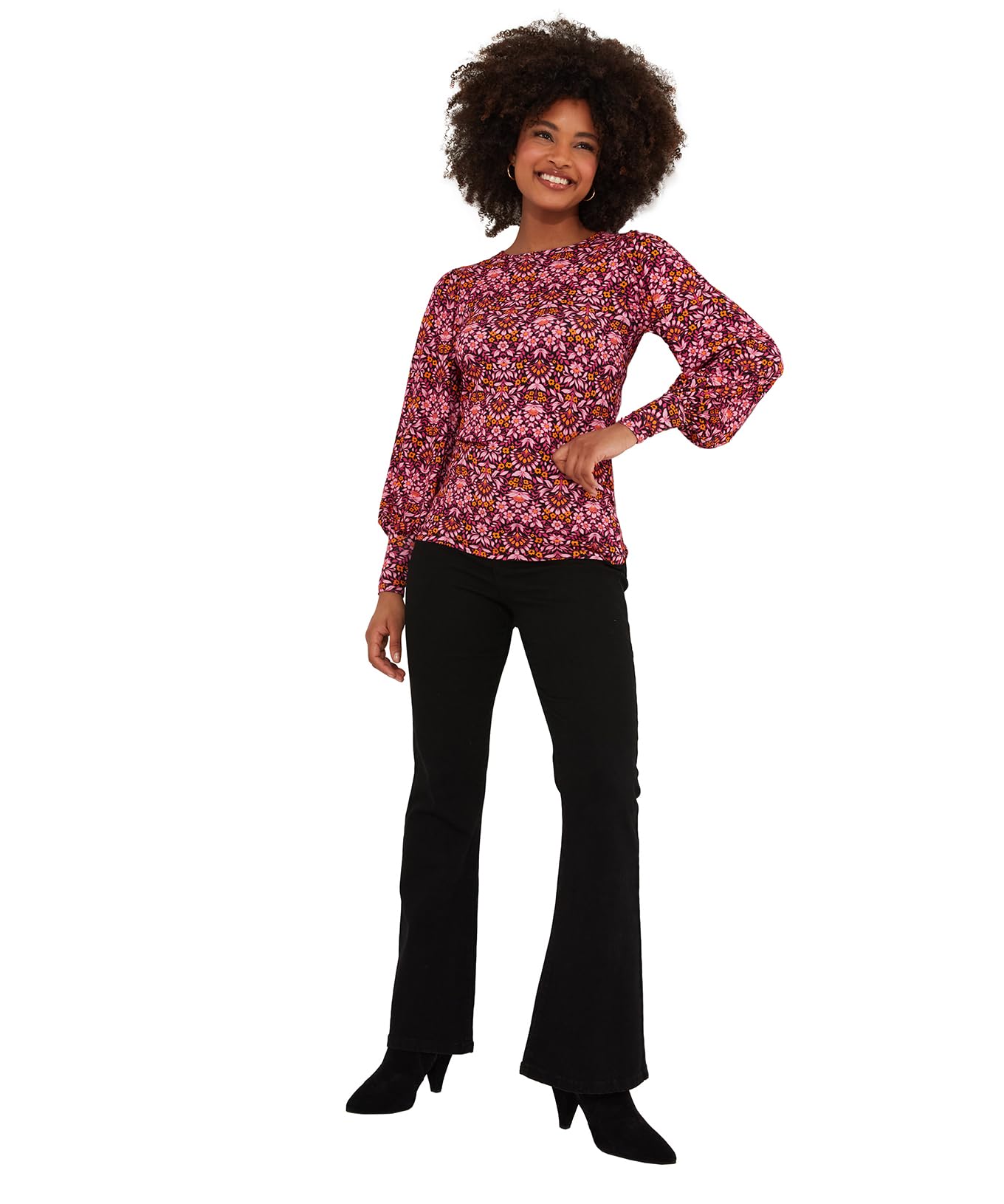 Joe Browns Women's Fashion Vibrant Retro Print Balloon Sleeve Slim Fit Jersey Top, Regular Fit, Pink, UK 16