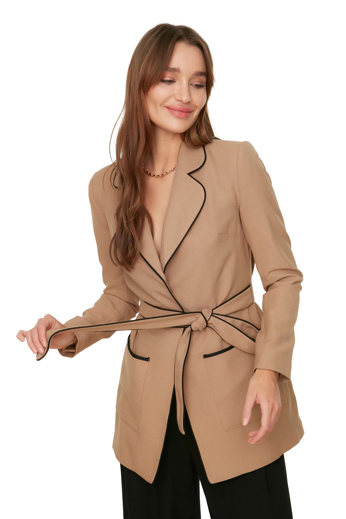 Trendyol Women Oversize Double-Breasted Lapel Collar Woven Jacket Camel