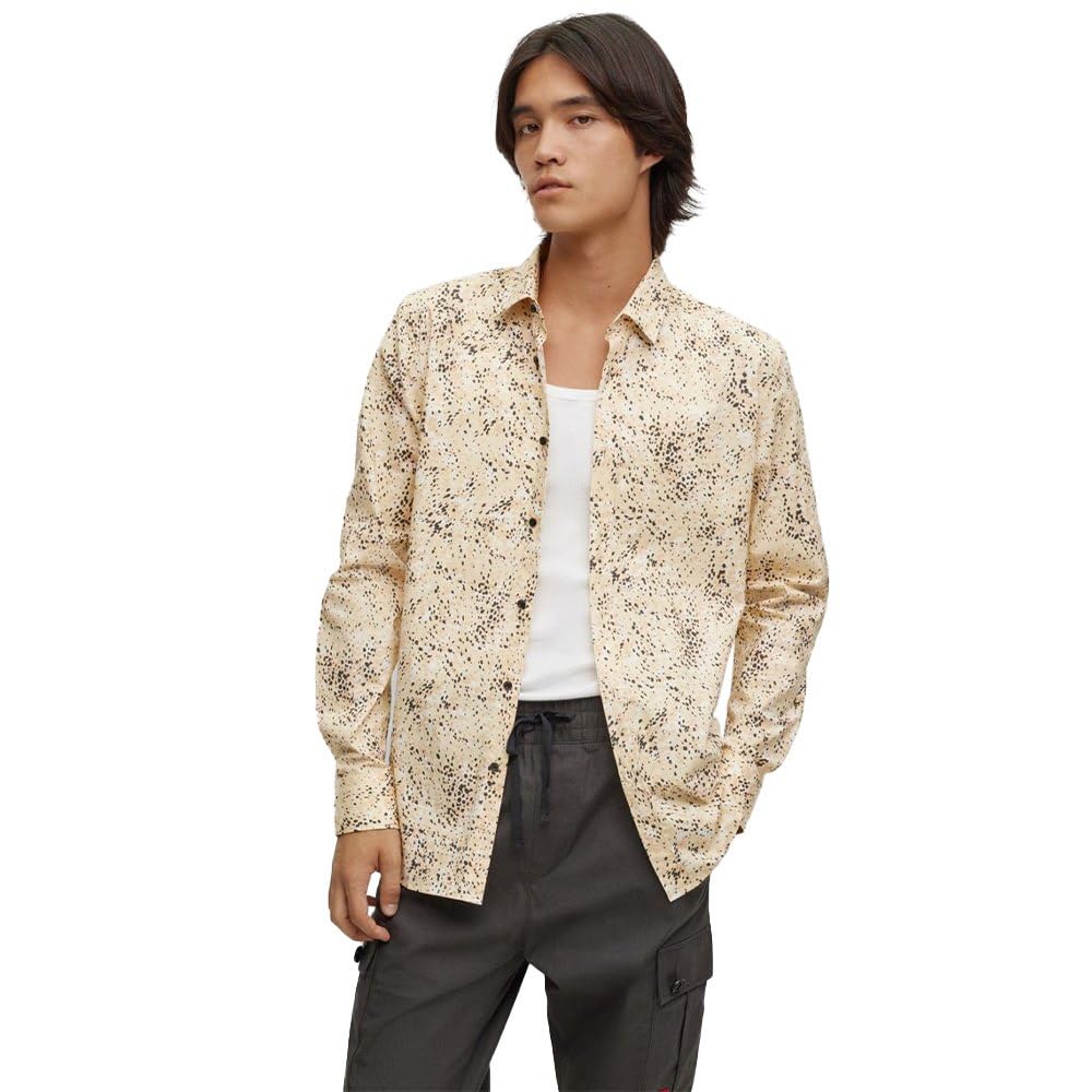 HUGO Mens Elisha02 Extra-Slim-fit Shirt in Dalmatian-Print Stretch Cotton Beige