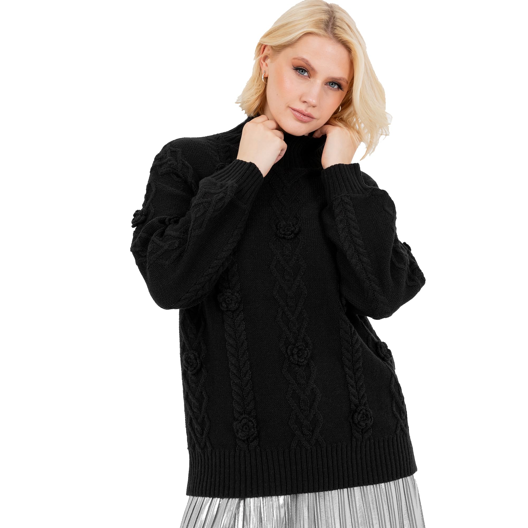 Lovedrobe Women's Jumper Ladies Cable Knit Sweater High Neck Long Balloon Sleeve Floral Appliqué Elasticated Waist Cuffs Knitwear, Black 16-18