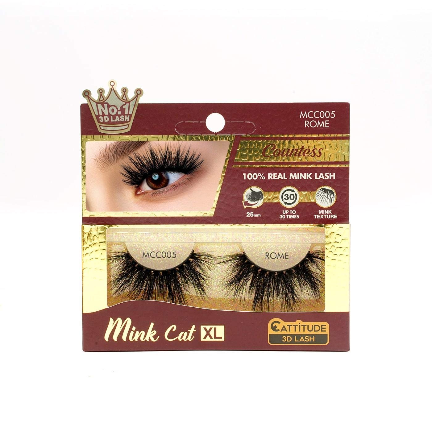 CATTITUDE 3D LASHES Rome Countess Mink Cat 25mm False Eyelashes, Ligthweight & Reusable