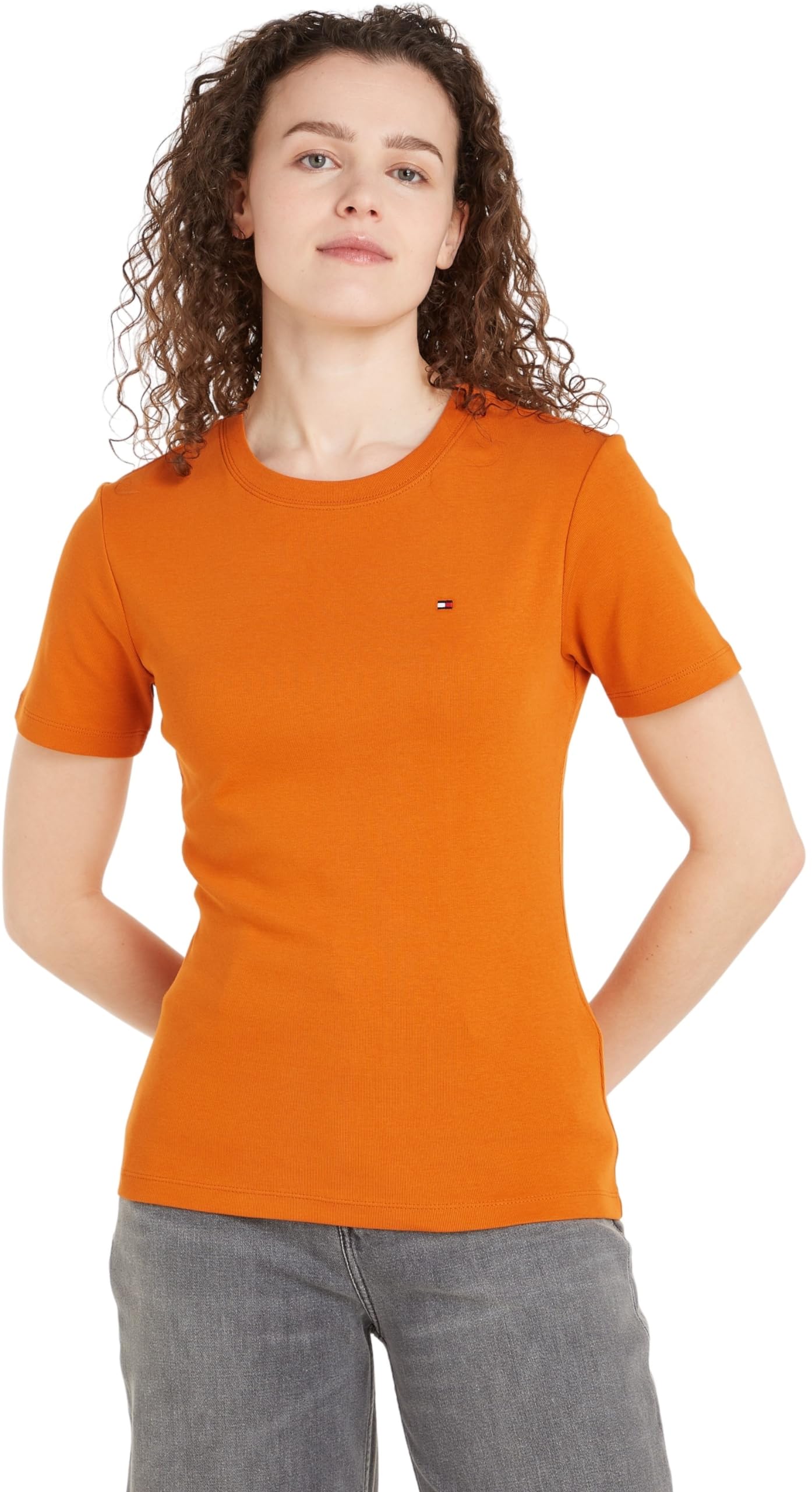 Tommy Hilfiger Women's New Slim Cody Round Neck Short Sleeve T-Shirt, Orange (Autumn Orange), XXS