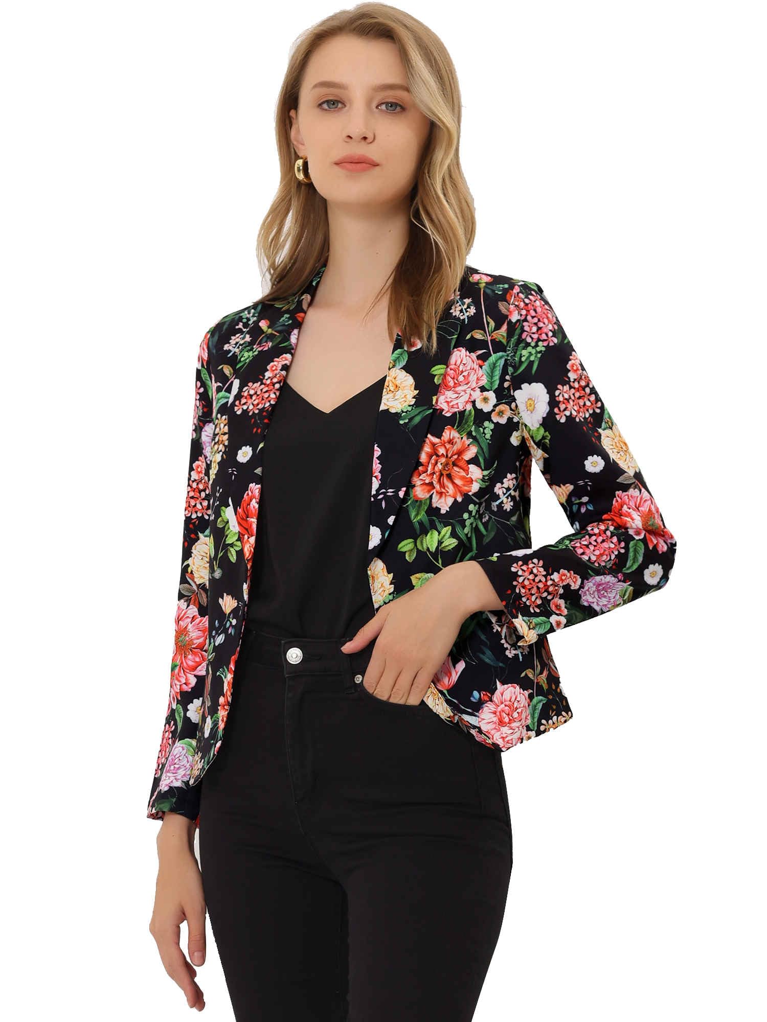 Tone on tone floral print adds stunning visual appeal to this open-front blazer. The sleeves can be worn rolled or left long for versatility. Body size chart shows fitting size, please check your measurements to make sure the item fits before ordering. Body Size Chart (in inches) International Size-Chest Girth-Waist Girth--Shoulder Width XS-----33----25 1/4---14 1/2 S-----35----27----15 M-----37----29----15 1/2 L-----40 1/4--32 1/4---16 XL-----45----38----16 1/2