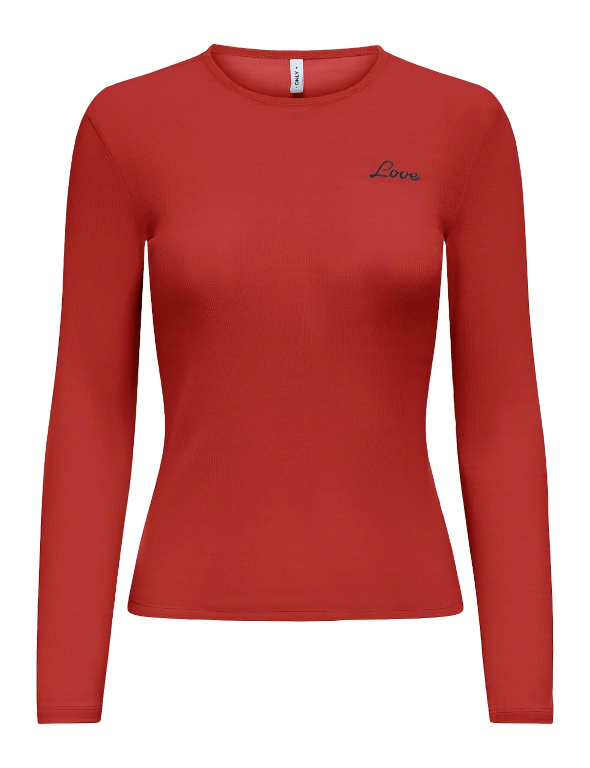 ONLY Women's Onlbetty L/S O-Neck Top Box CC JRS Long-Sleeved Shirt, Flame Scarlet/Print: Love, S