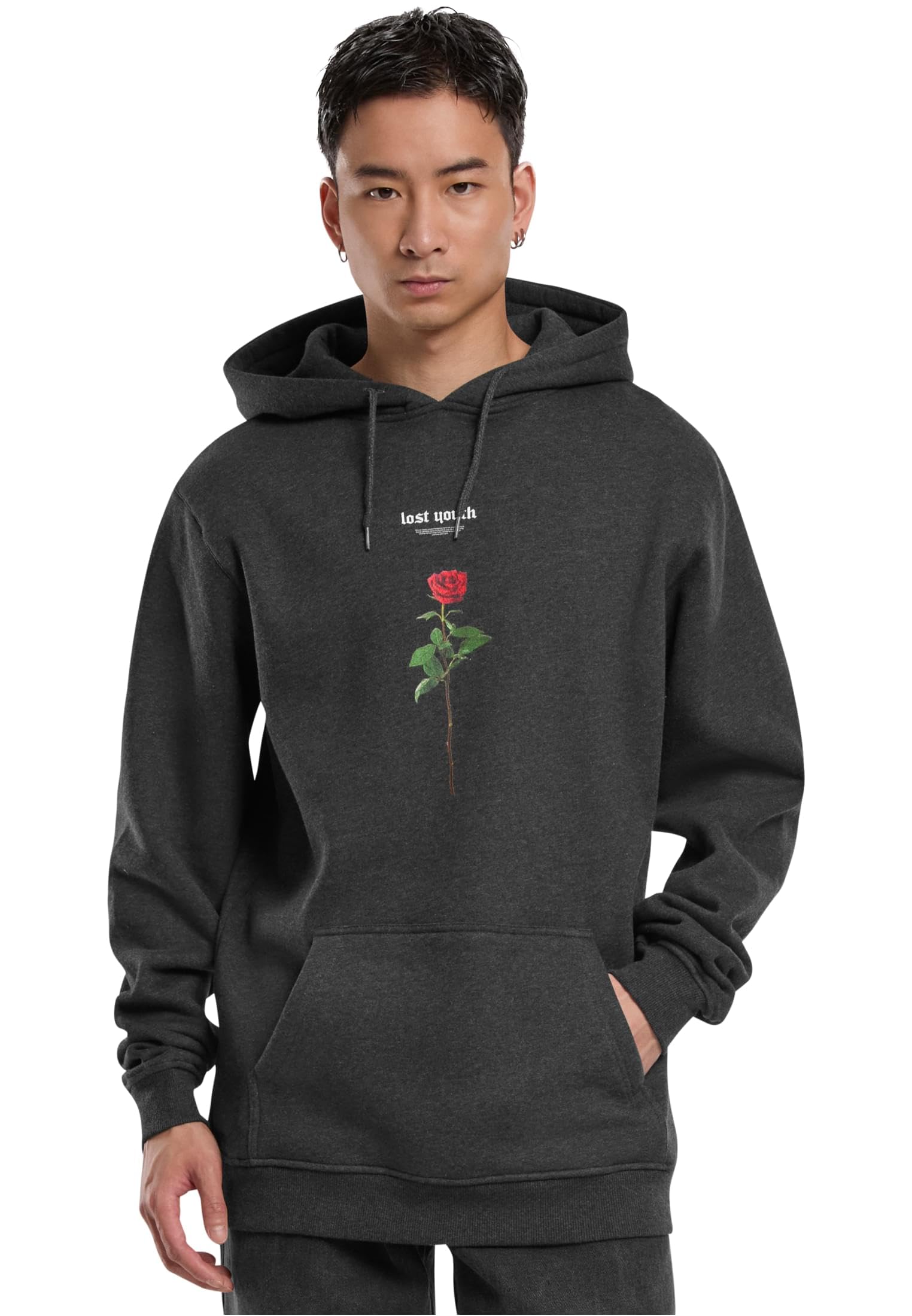 Mister Tee Men's Lost Youth Rose Hoody Hooded Sweatshirt, Charcoal,