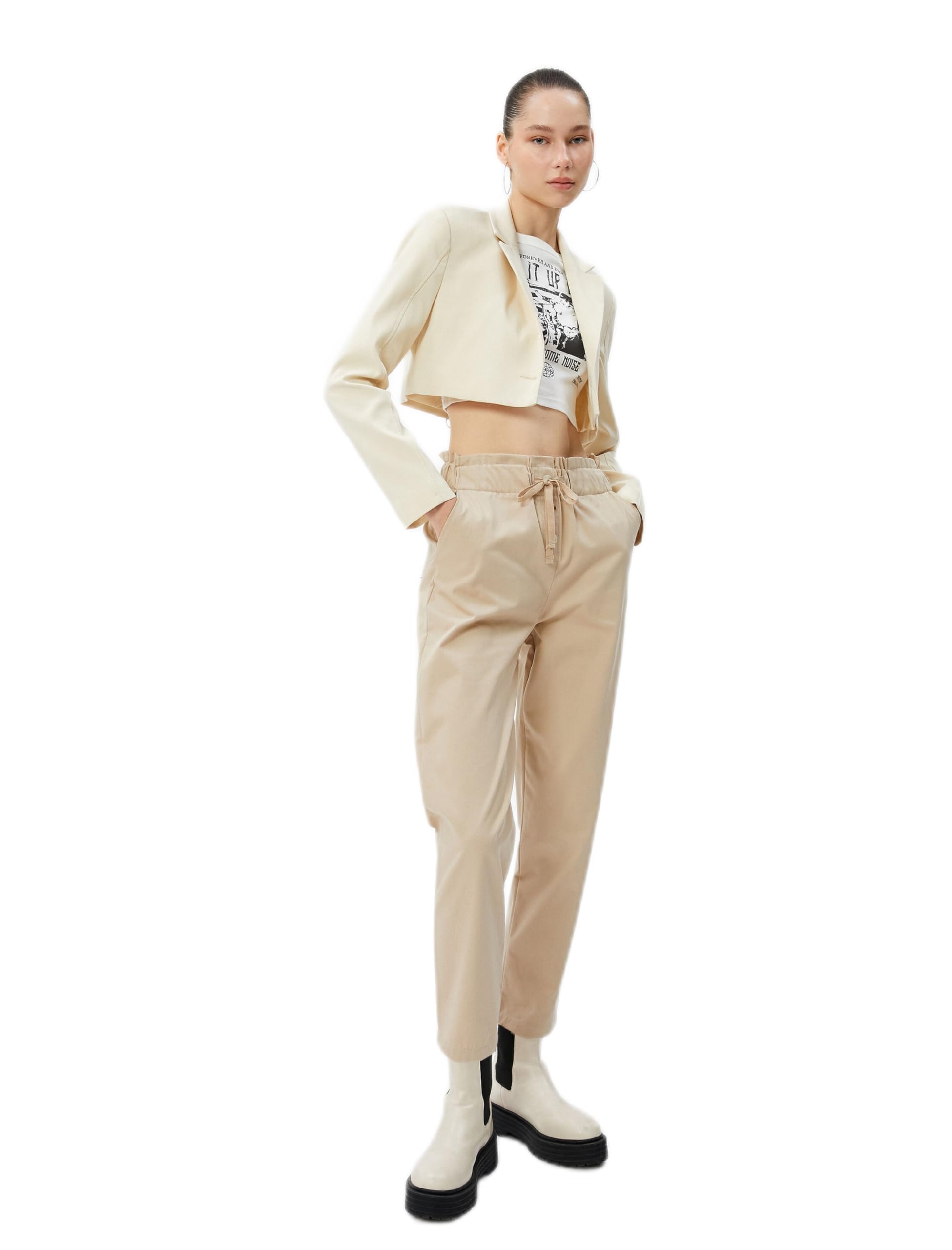 Koton Women's Trousers Pants Style Elastic Waistband Drawstring Cotton Pockets Shorts, Stone(080),