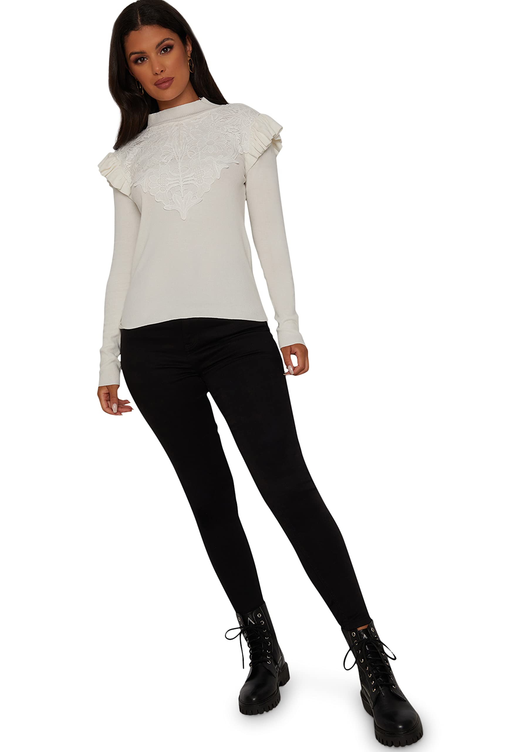 Chi Chi London Women's Broderie Trim Knitted Jumper in White Sweater, L