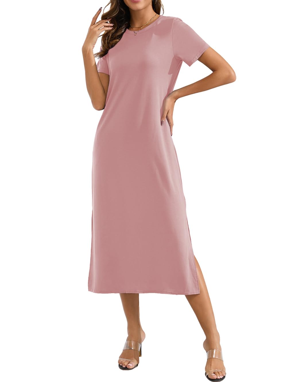 Naggoo Women's Short Sleeve Split Maxi Dress Casual Plain Tie Dye Print Tshirt Long Dresses with Pockets, Pink, S