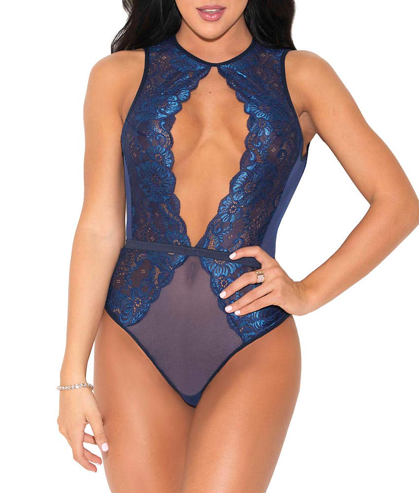 Glitter Two Toned No Cup Lace Teddy, Large, Navy Blue