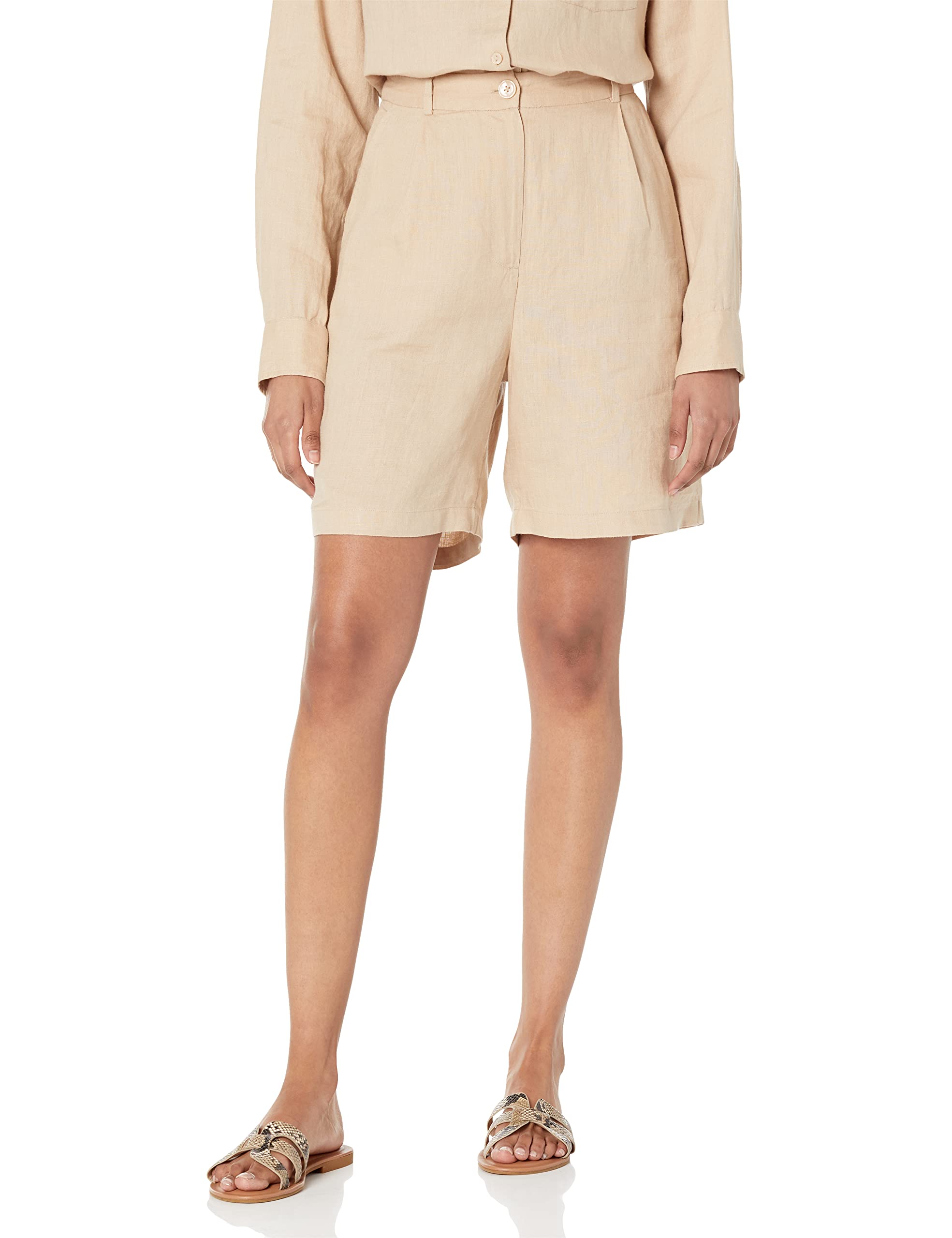 The Drop Women's Millie Loose-Fit Pleated Long Linen Walk Short, Hummus, XS