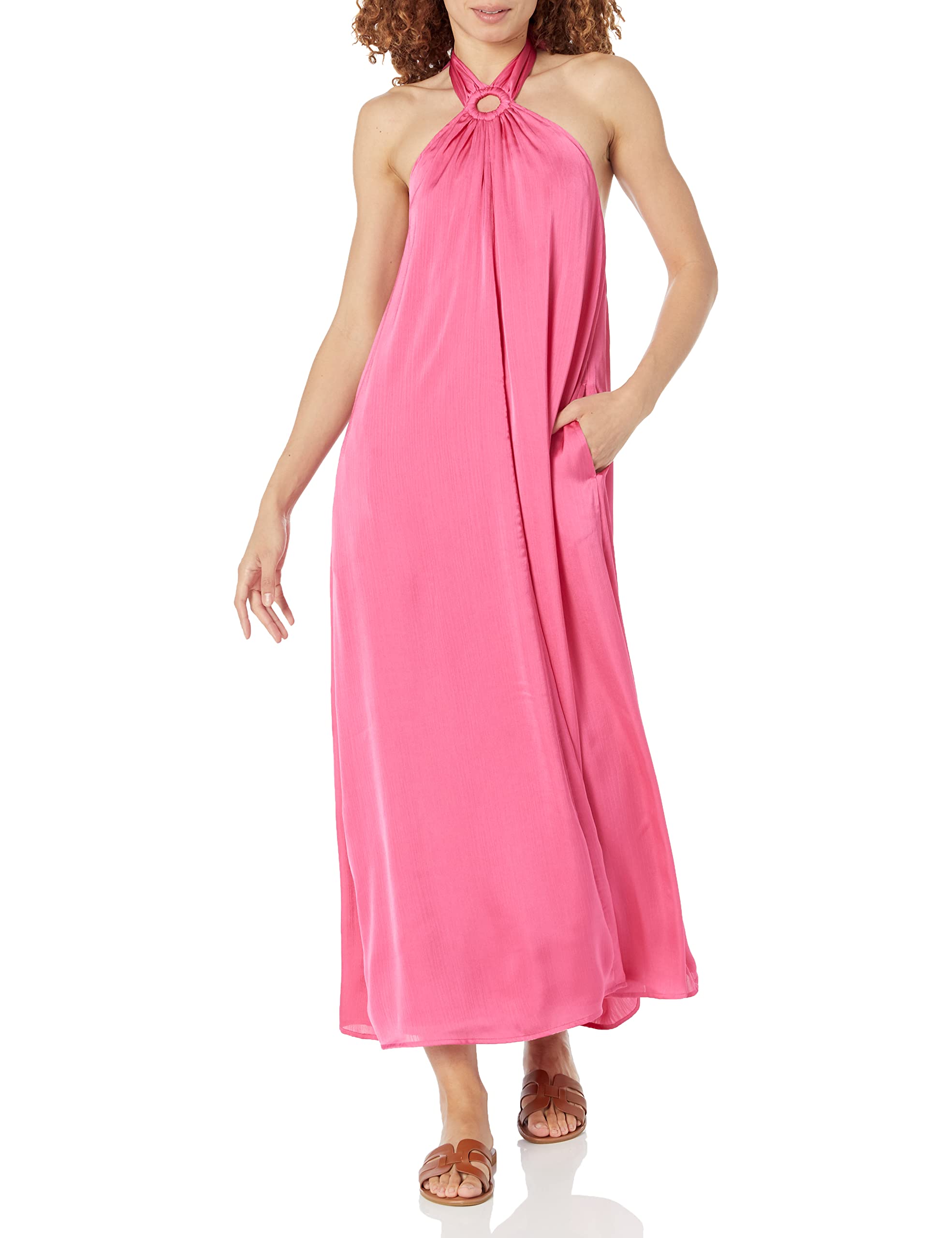 The Drop Women's Shaana Striped Halter Neck Maxi Dress, Hot Pink, XL