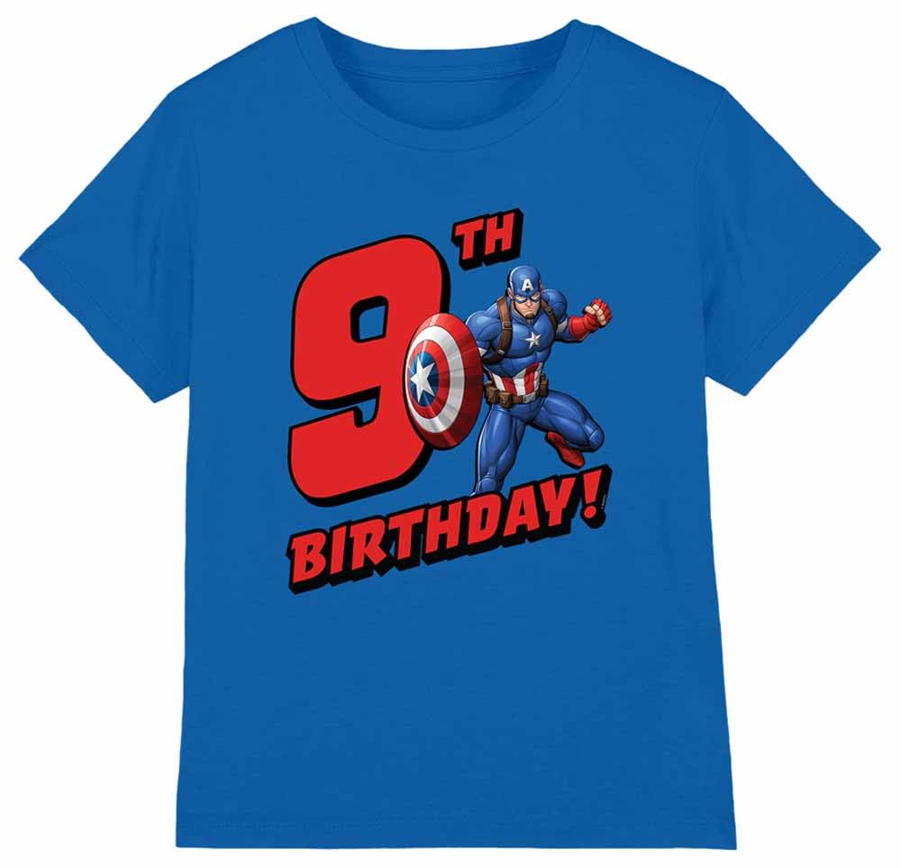 CAPTAIN AMERICA Birthday 9 Unisex Kids T Shirt, Royal, 7-8 Years