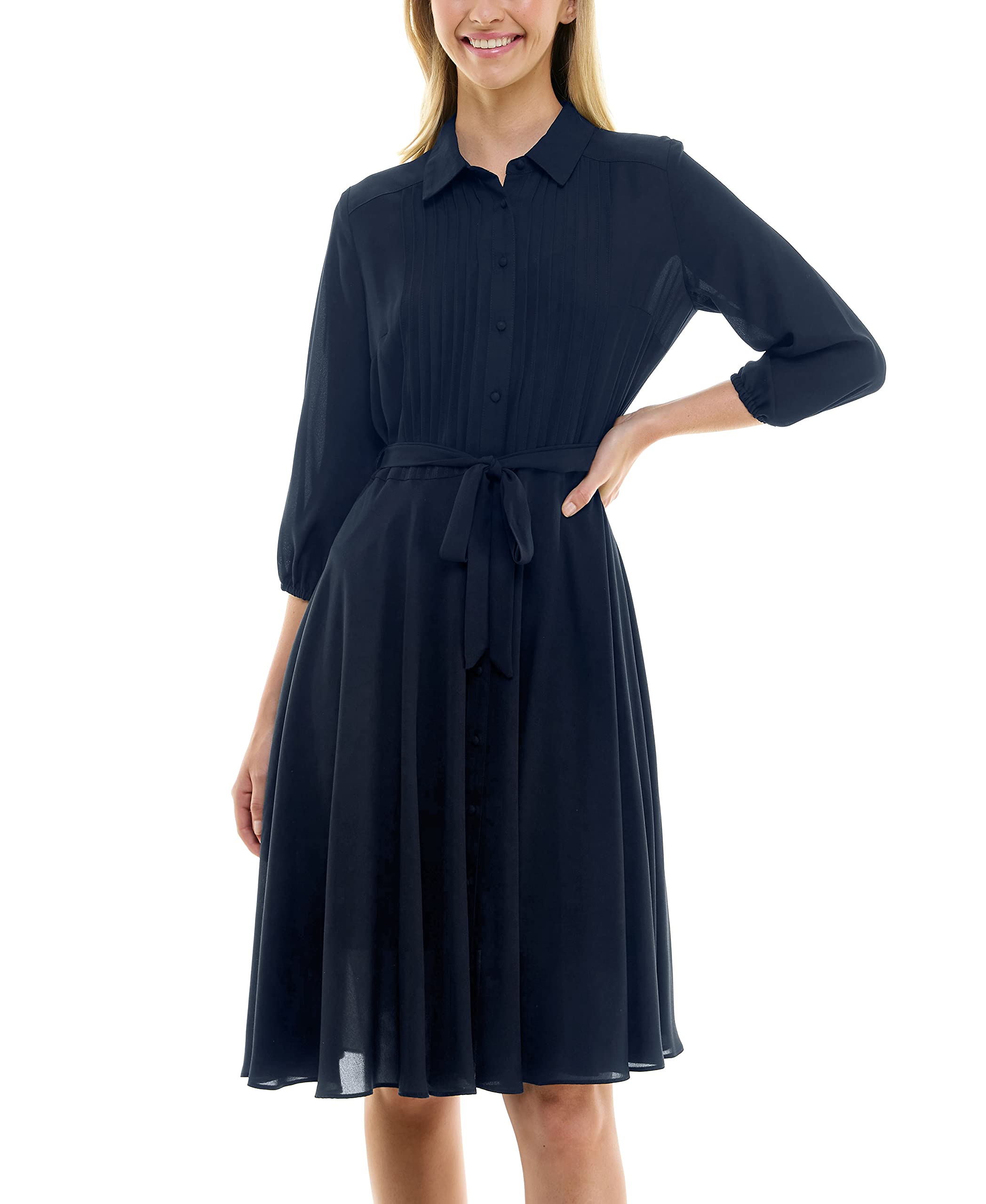 Nanette Nanette Lepore Women's Elbow Sleeve Pintuck Shirt Dress with Self Lining, Nanette Navy, 8