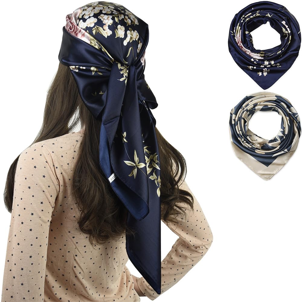 corciova 2 Pcs 35 x 35 Square Curly Hair Scarf for Black Women Silk Headband Tie Sleeping at Night Fashion Bandanas Headscarf, Beige Charcoal + Navy Flowers, Large