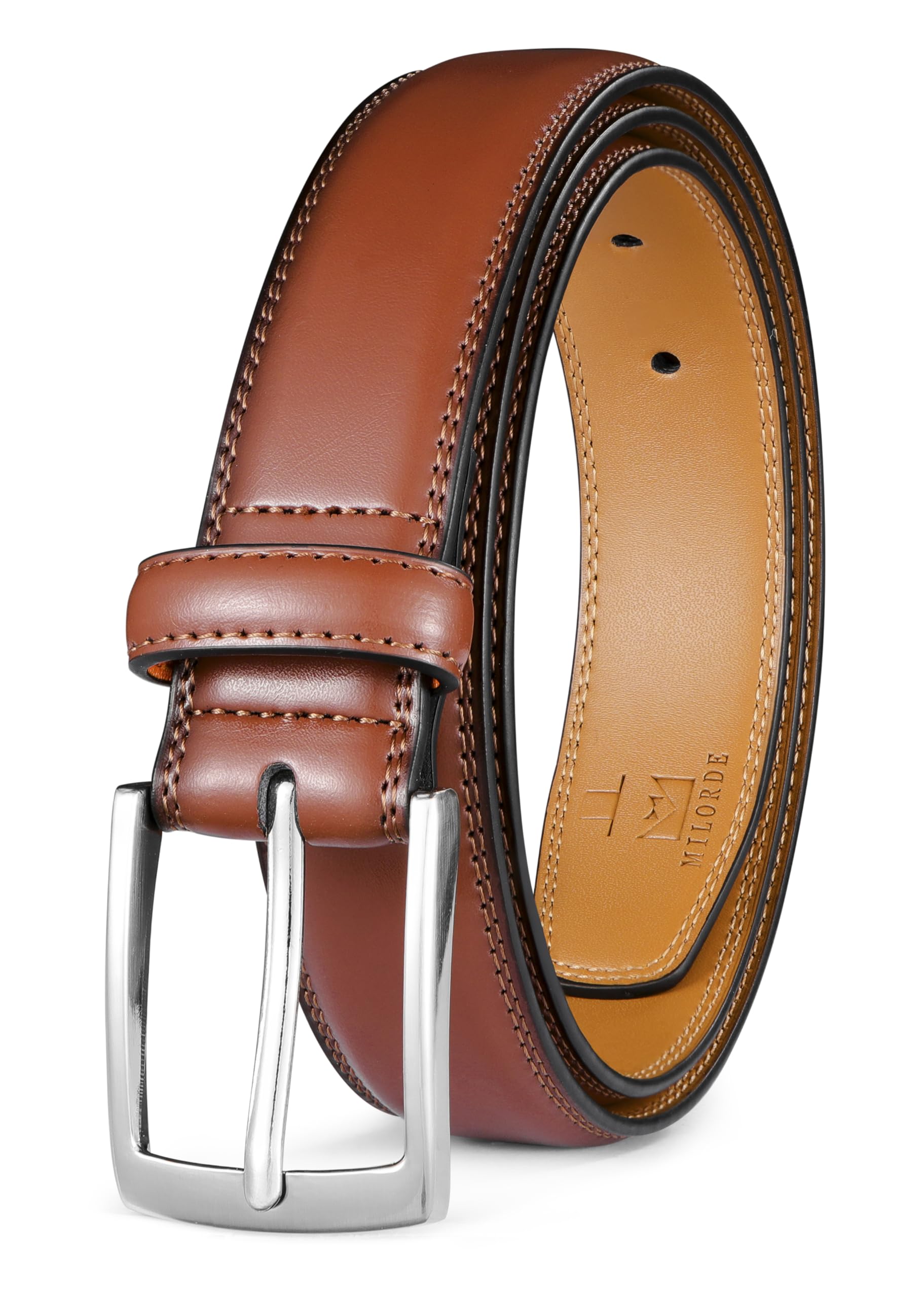 Milorde Men's Genuine Leather Dress Belt, Handmade, 100% Cow Leather, Fashion & Classic Designs for Work Business and Casual(Basic Brown104,32)