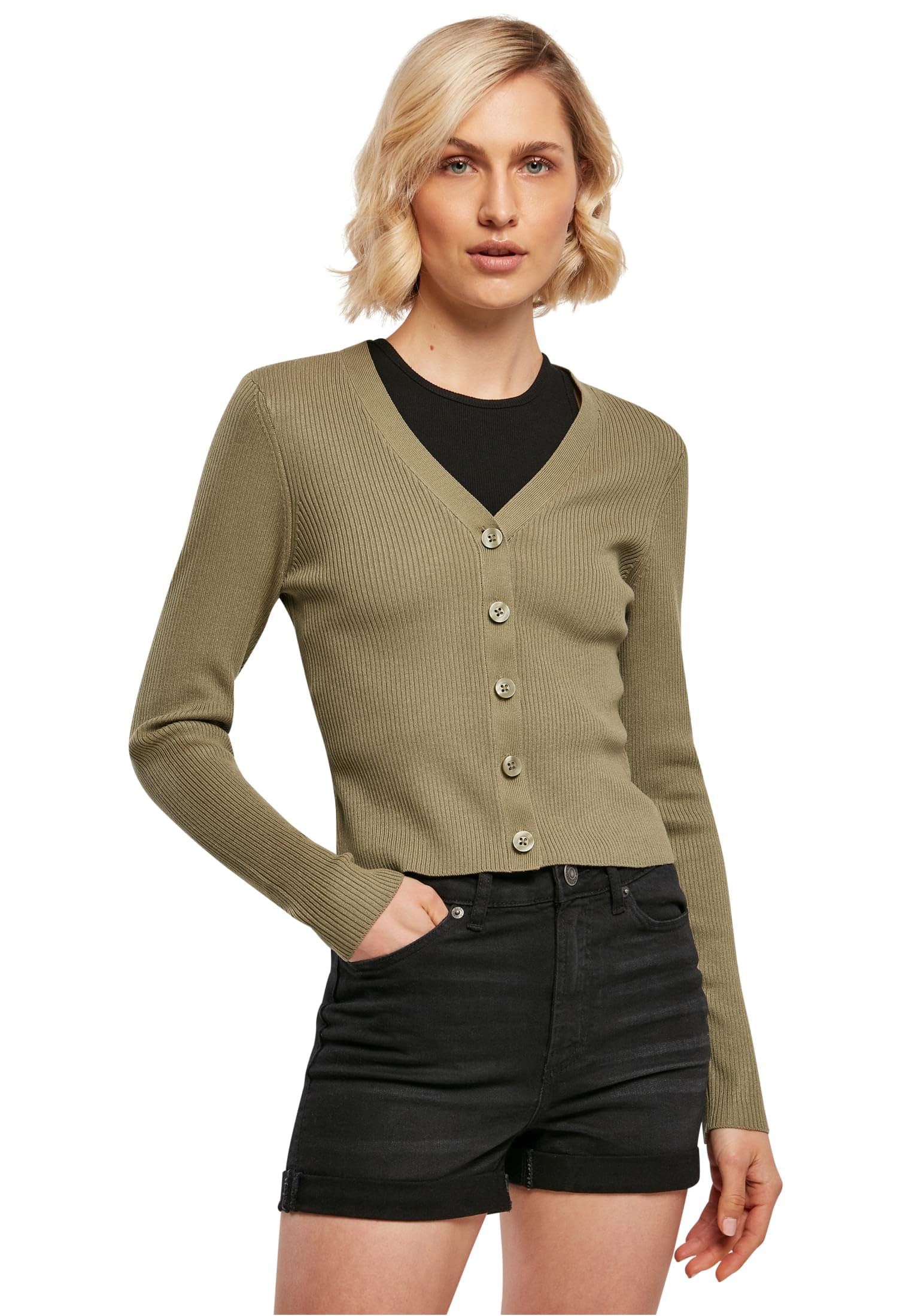 Urban Classics Women's Short Rib Knit Cardigan Sweater, Khaki, XXL