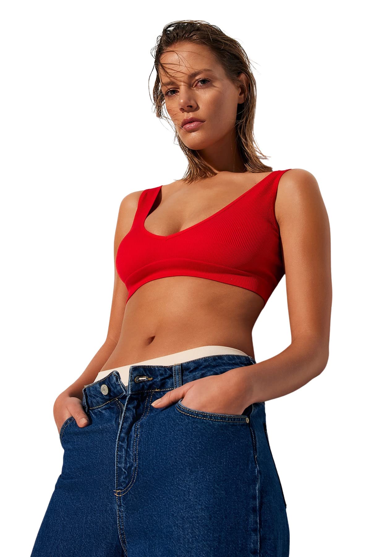 Trendyol Women Underwear Bralette Bralette Crew Neck Knit Bra,Red,M