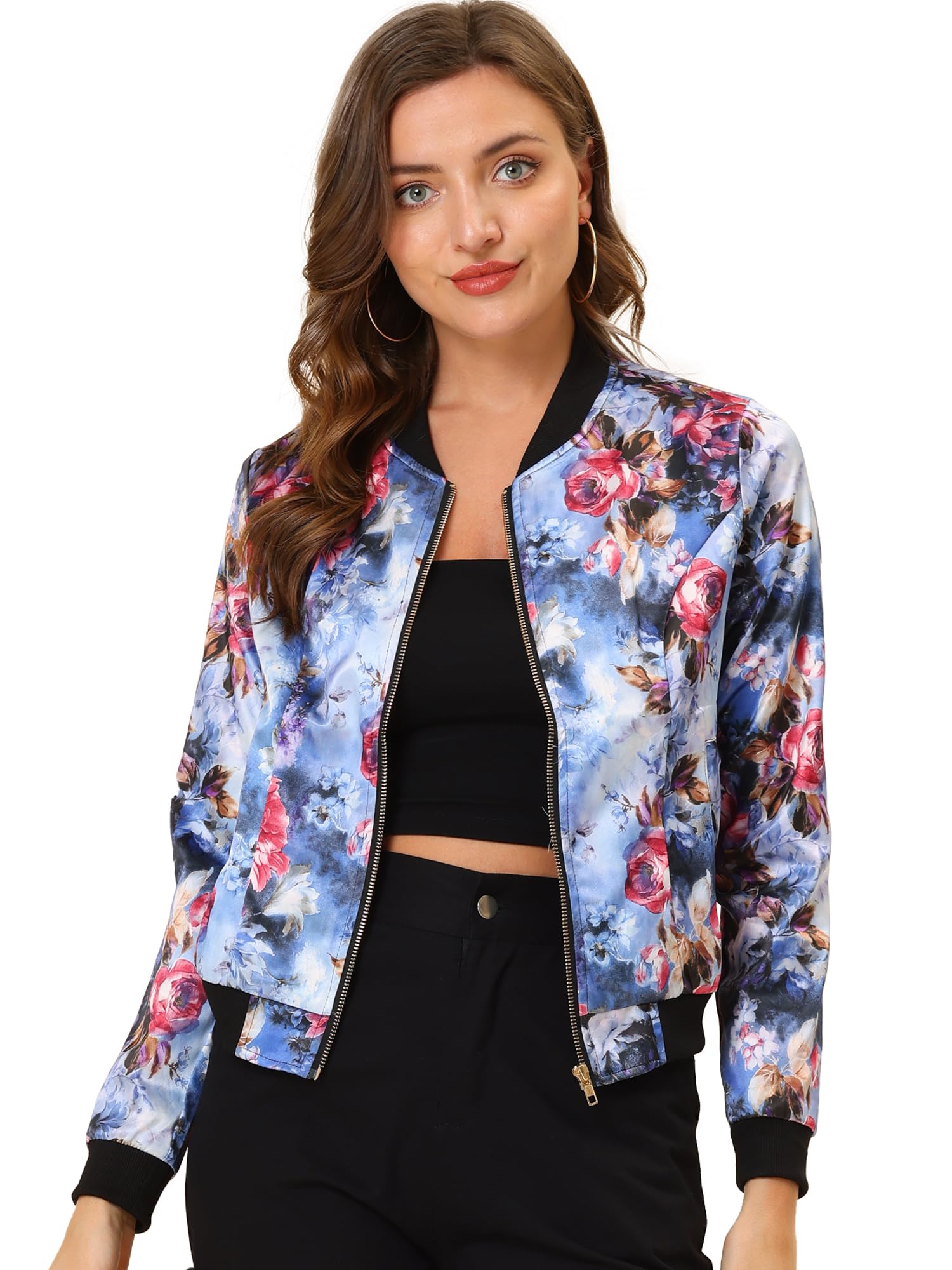Allegra K Women's Stand Collar Lightweight Zip Up Floral Bomber Jacket Blue L