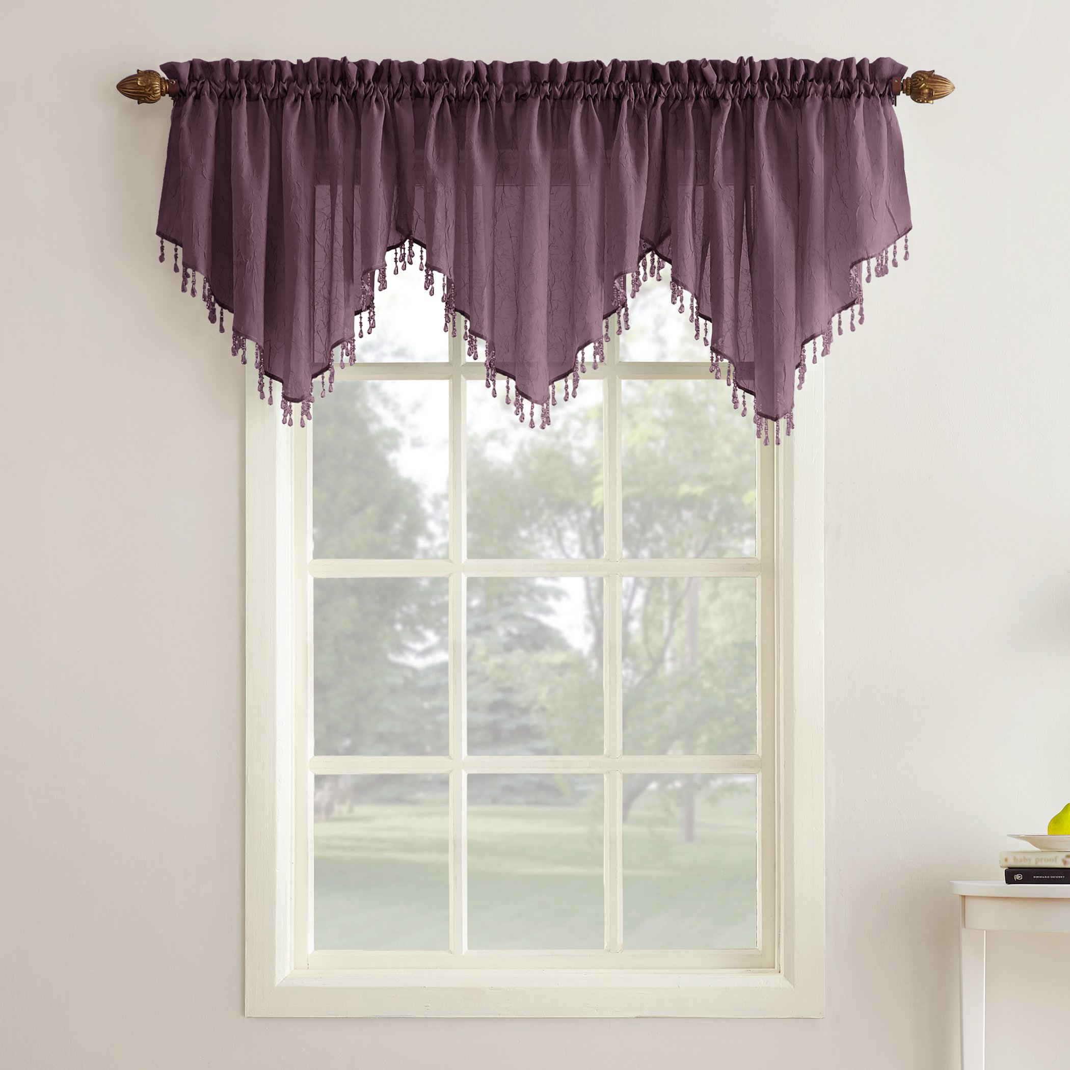 No. 918 Erica Crushed Voile Ascot Beaded Sheer Rod Pocket Curtain Set, 153" x 24", Purple