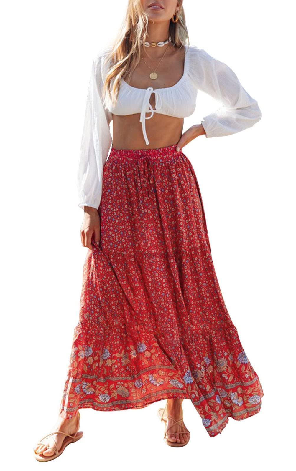 ZESICA Women's 2023 Bohemian Floral Printed Elastic Waist A Line Maxi Skirt with Pockets, Red Vintage, S