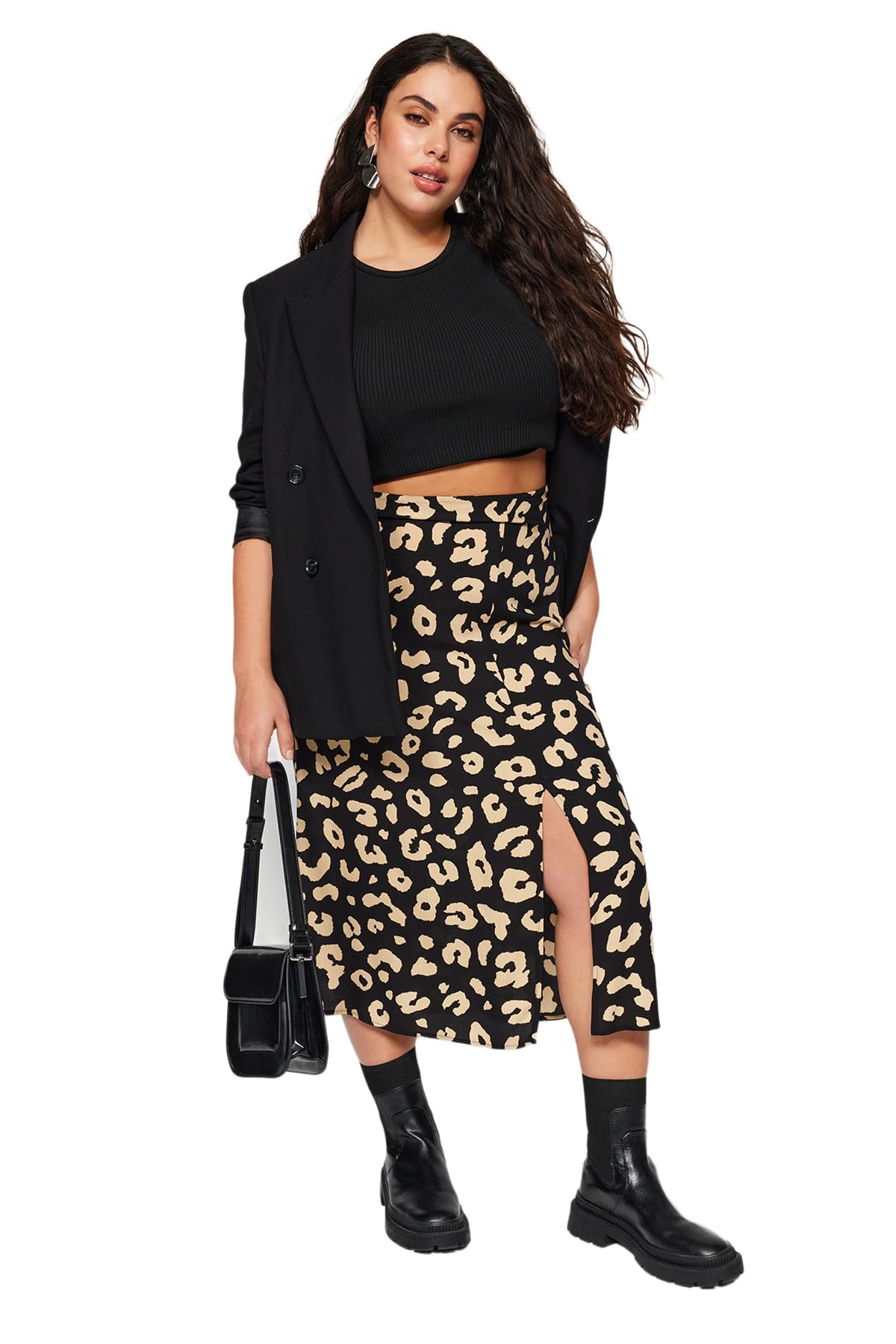 Trendyol Women Plus Size Midi A-line Slit Skirt Woven Plus Size Skirt Black