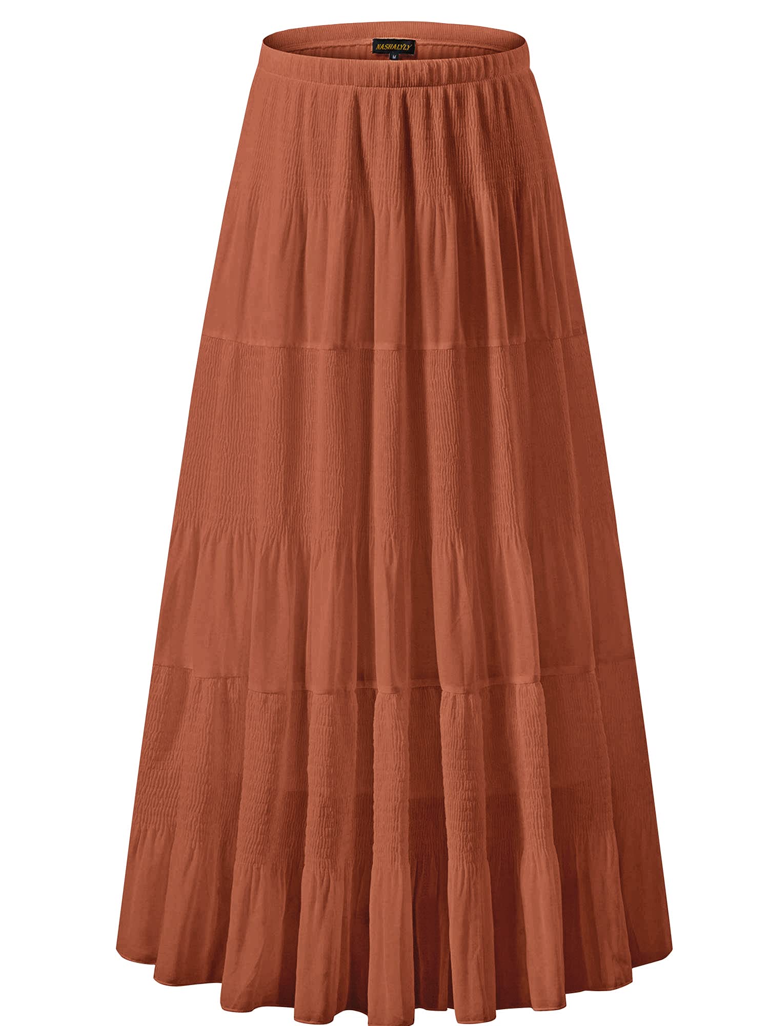 NASHALYLY Women's Chiffon Elastic High Waist Pleated A-Line Flared Maxi Skirts, Coffee2, Small