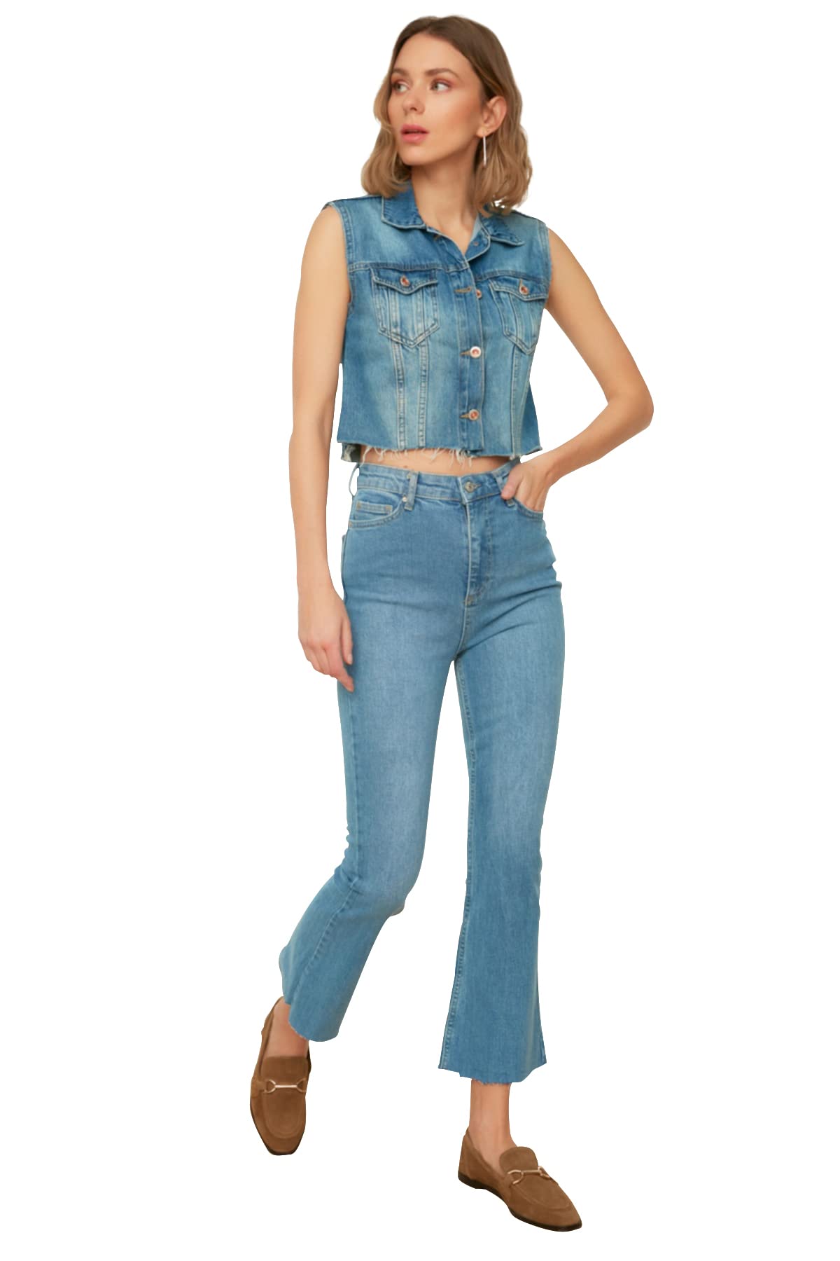 Trendyol Women High Waist Wide Leg Flare Jeans Blue