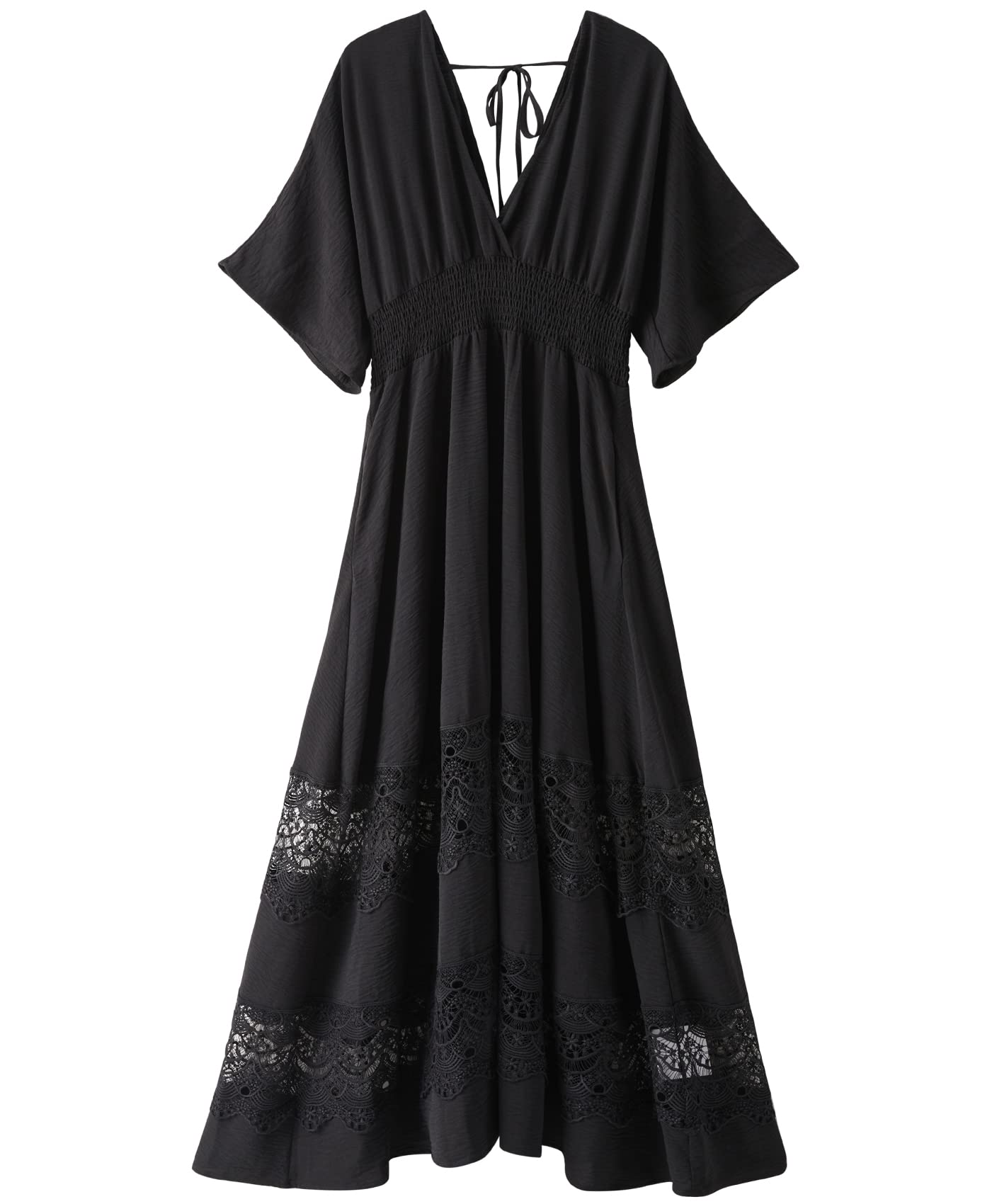 Olaesa Women's Lace Maxi Dress Short Sleeve V Neck Party Dress Smocked Waist Boho Maxi Dress Bohemian Dress for Women, Black, XXL