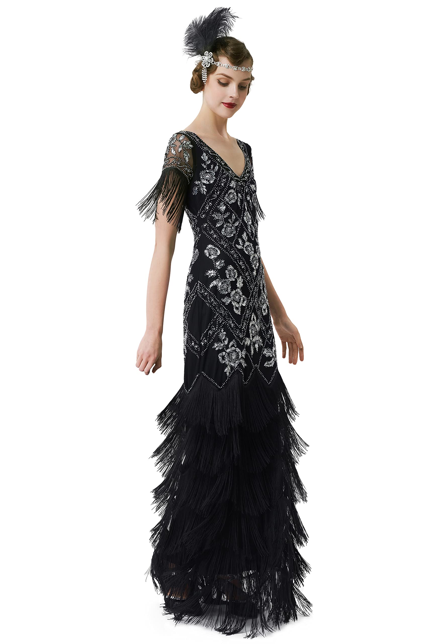 BABEYOND 1920s Women's Evening Dress Long Fringe Sequin Dress Formal Maxi Dress Multi-Layer Prom Dress, Black Silver, Medium